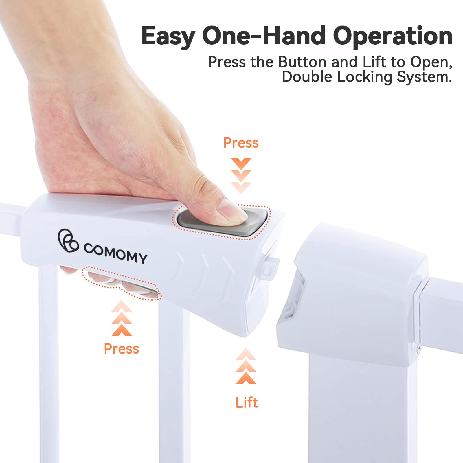 COMOMY Extra Wide Baby Gate, 30" Tall x 40.5" Wide, White Metal, Auto Close Dog Gate for Doorways, Stairs, Includes 4 Wall Cups &