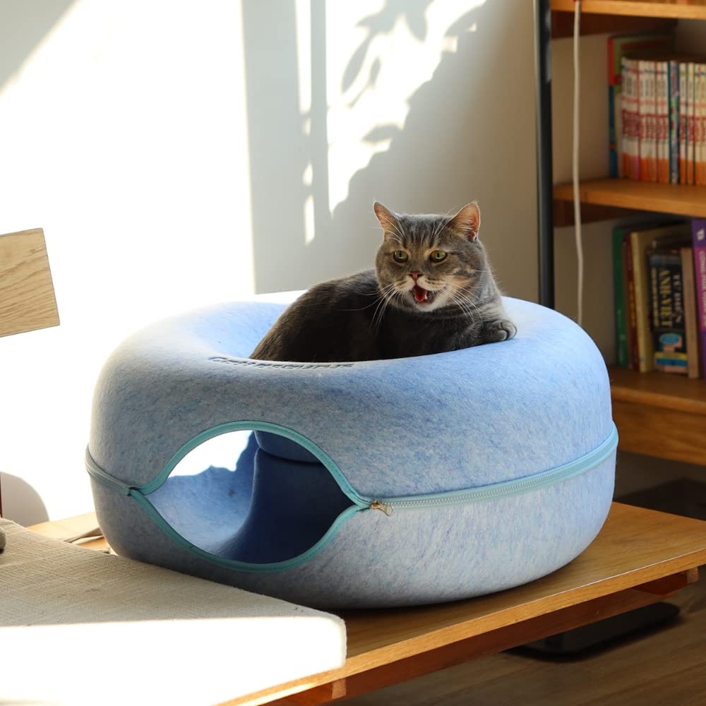Cattasaurus Peekaboo Cat Cave For Multiple & Large Cats Up To 30-45 Lbs, Scratch Detachable & Washable Tunnel Bed, Comfy Donut Cat Cave (Blue, Large)