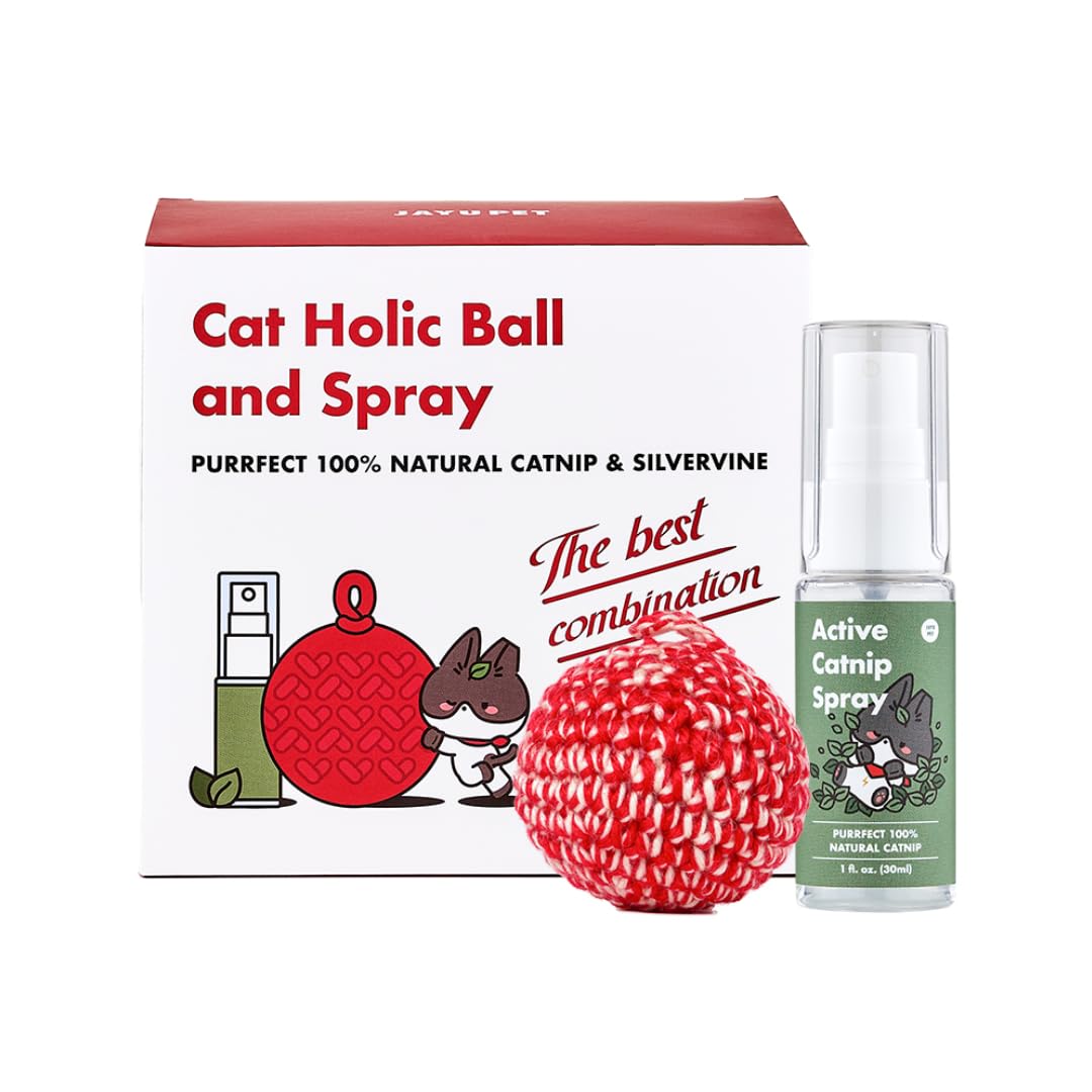 JAYU PET Cat Holic Ball and Spray - Handmade Kicker Ball Silvervine Inside (2.7 inch) & High Potency Essential Catnip Spray (1fl