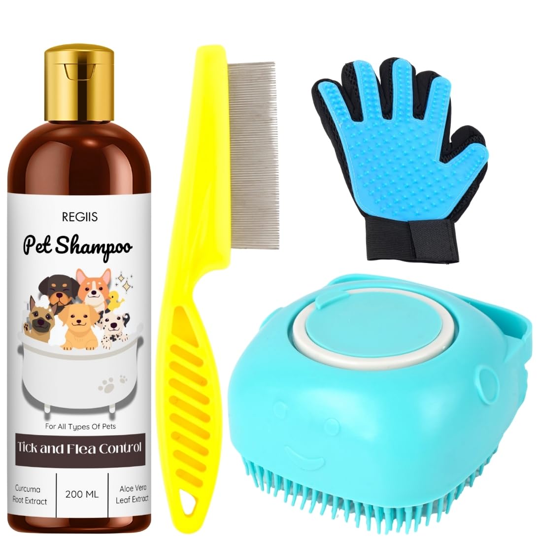 Regiis Pet Grooming Kit With Tick And Flea Control Shampoo, Deshedding Brush, Grooming Glove, Metal Comb For Dogs, Blue(Pack Of 