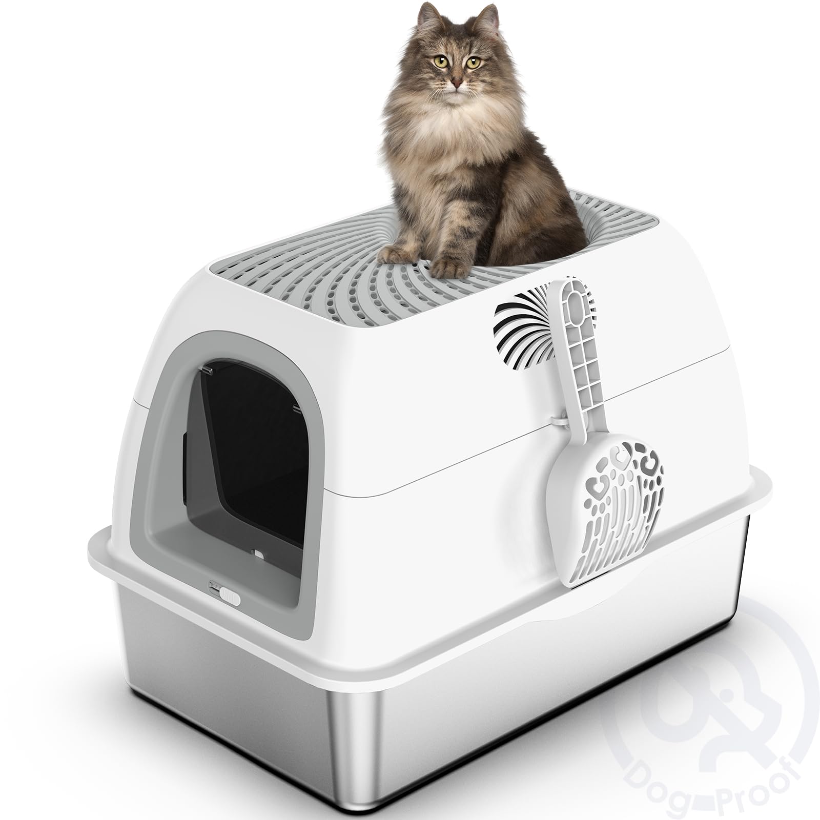 Stainless Steel Top Entry Litter Box With Dog-Proof, Hooded Stainless Steel Litter Box With Filter Lid & Scoop For Low Tracking,