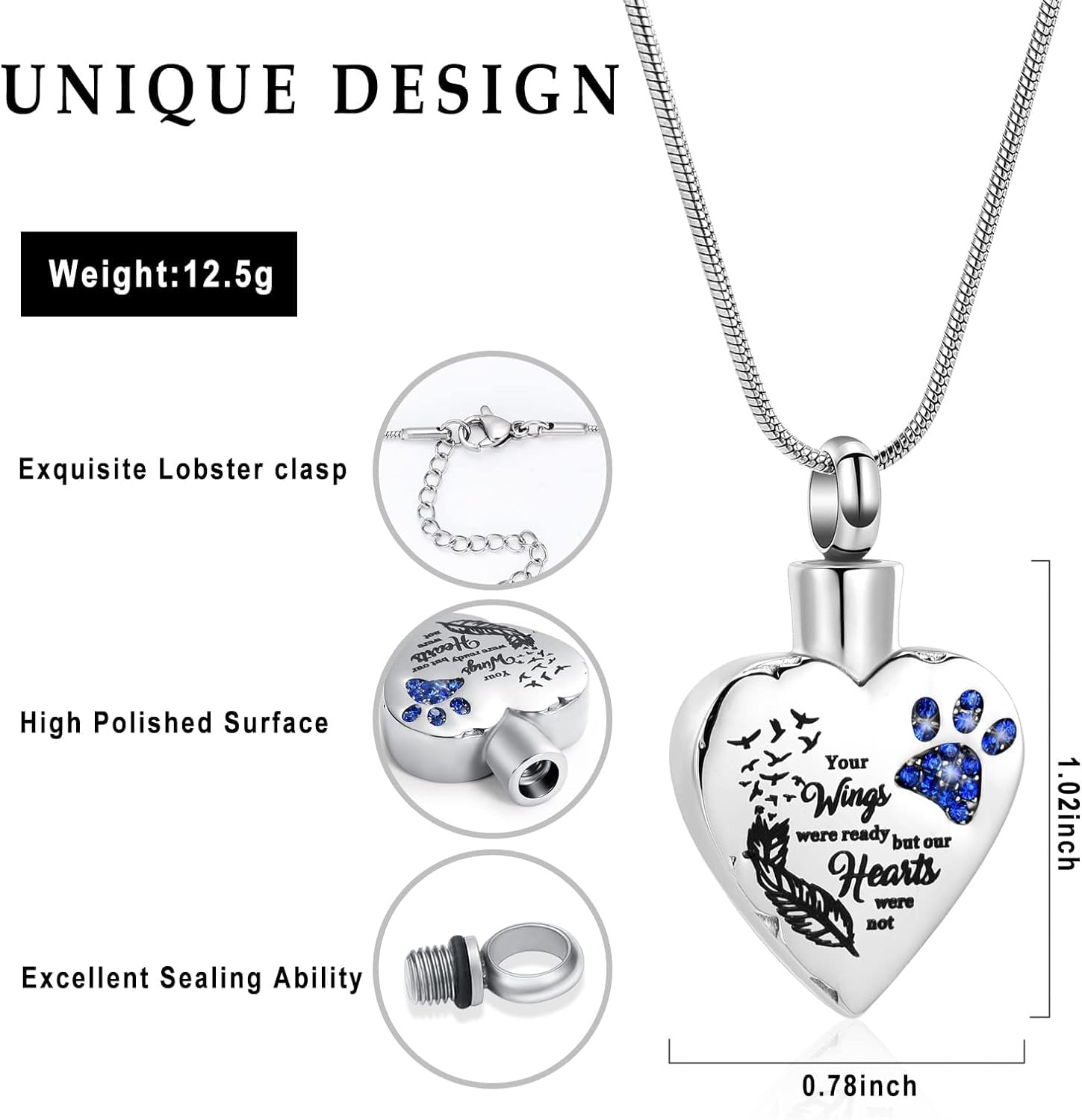 Memorial Jewelry Your Wings Were Ready, But My Heart Was Not Stainless Steel Carved Locket Cremation Urn Necklace For Pet Dog Cats (Your Wings-Blue)