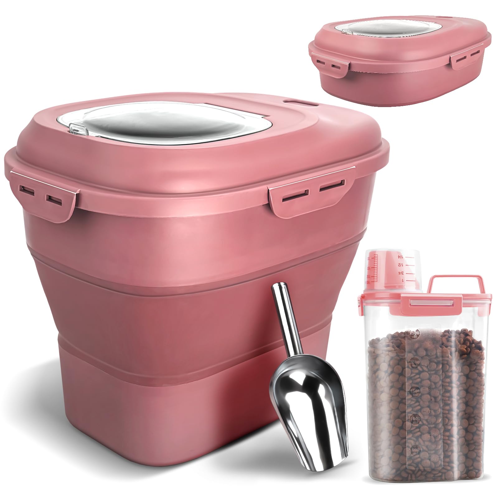 TIOVERY Dog Food Storage Container, Airtight Collapsible 13lb to 30lb Pet Food Container with Flip Top, Rolling Wheel, Scoop and