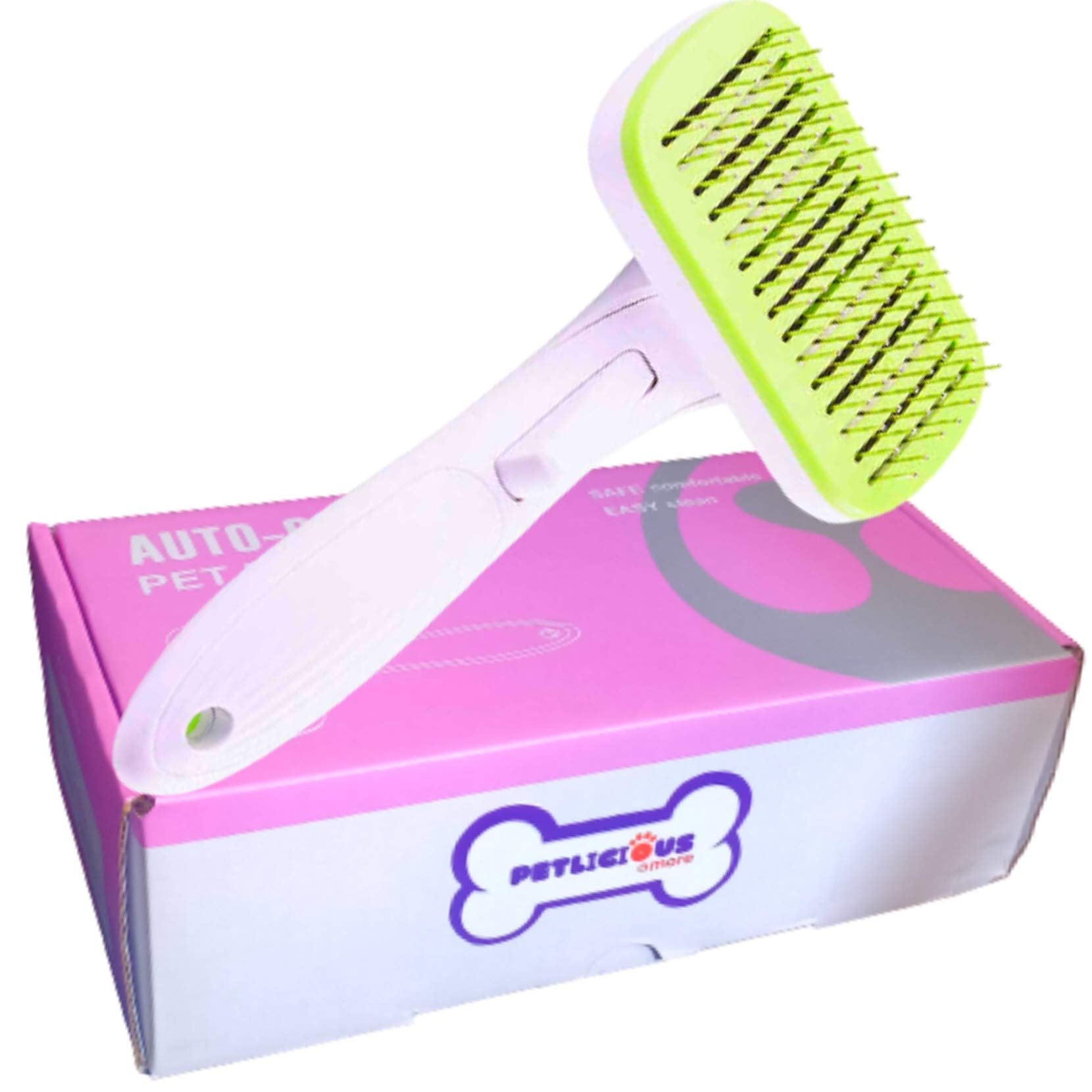 Petlicious & More (White  Green) Pet Grooming Brushes Set SelfCleaning Slicker Brush And Massage Brush For Dogs And Cats Easy 