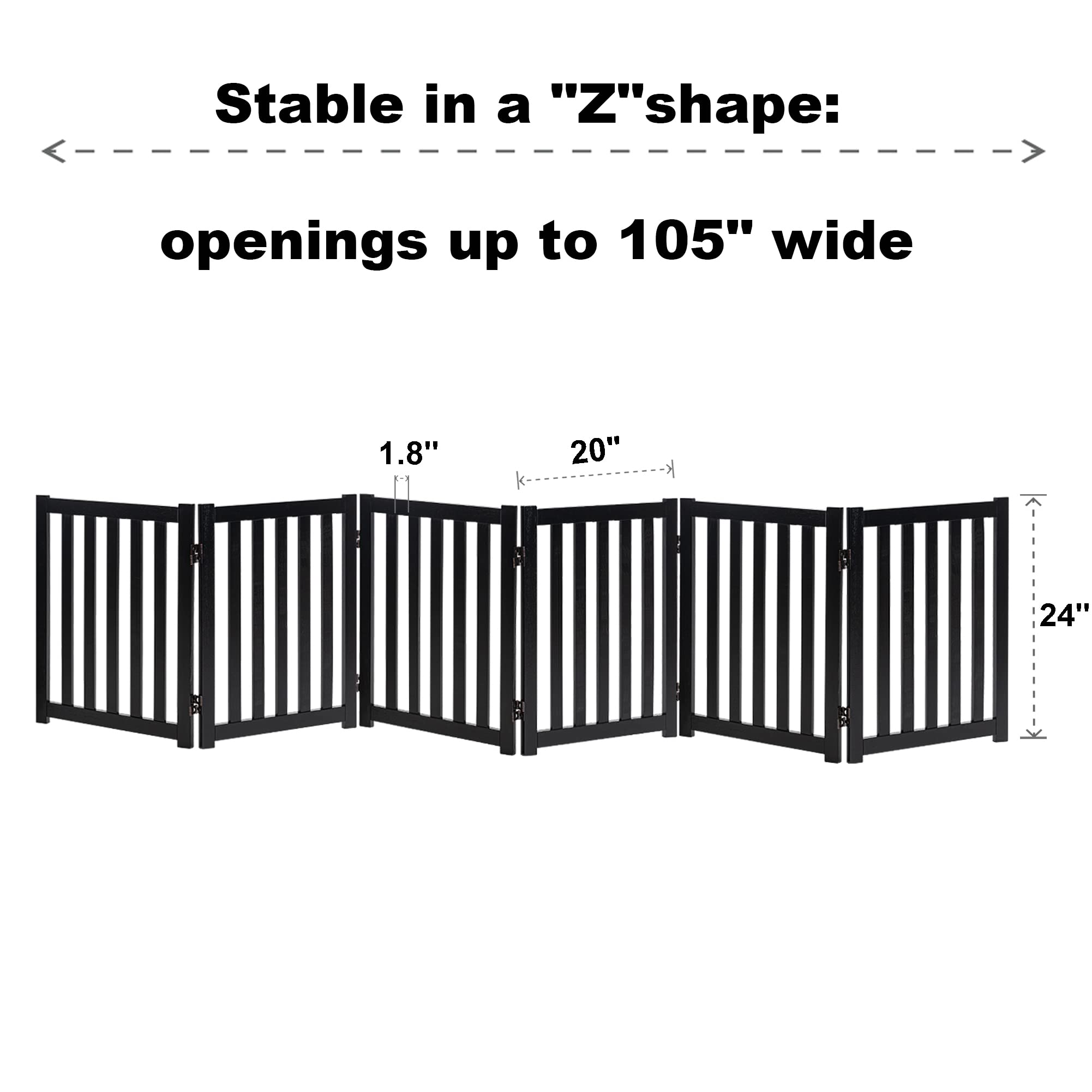 Lzrs 6-Panel Extra-Wide Freestanding Wooden Dog Gate ?24?igh Foldable Safety Pet Barrier For Doorways, Hallways, Kitchens, And Long Staircases, Durable Design Fit Small To Medium Dogs, Walnutl