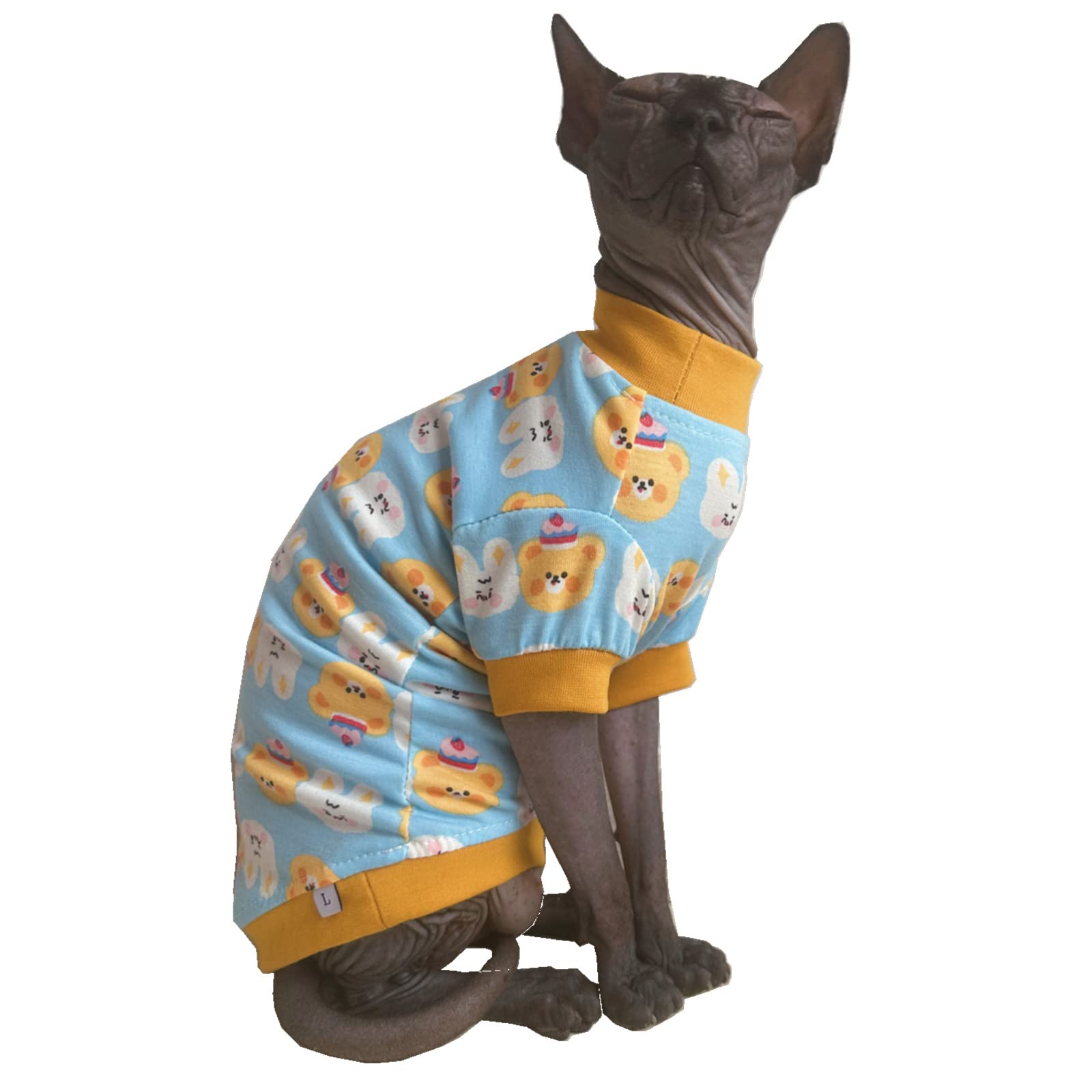 Sphynx Hairless Cat Cute Summer Cotton T-Shirts Pet Clothes,Round Collar Kitten Shirts Cats Apparel (Bear & Bunny, Medium (Pack 
