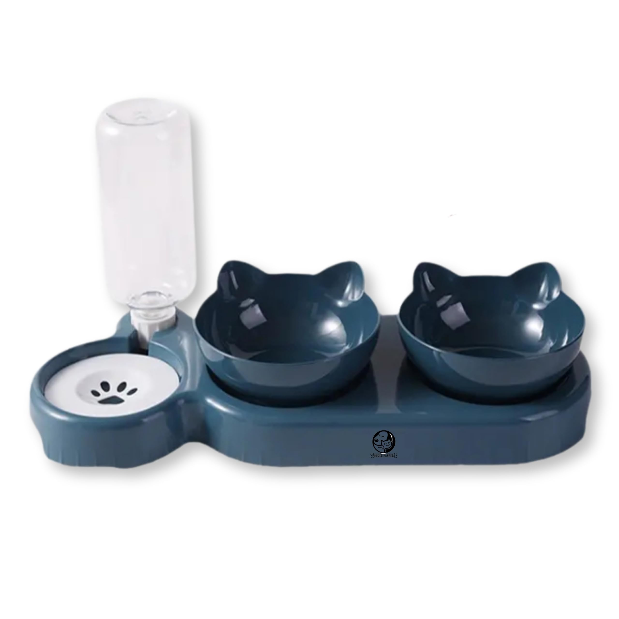 Foodie Puppies 3-In-1 Cat Tri-Meal Feeder Set - (Blue) | 15 Tilted Double Bowl With Automatic Water Dispenser Bottle | Pet Detac