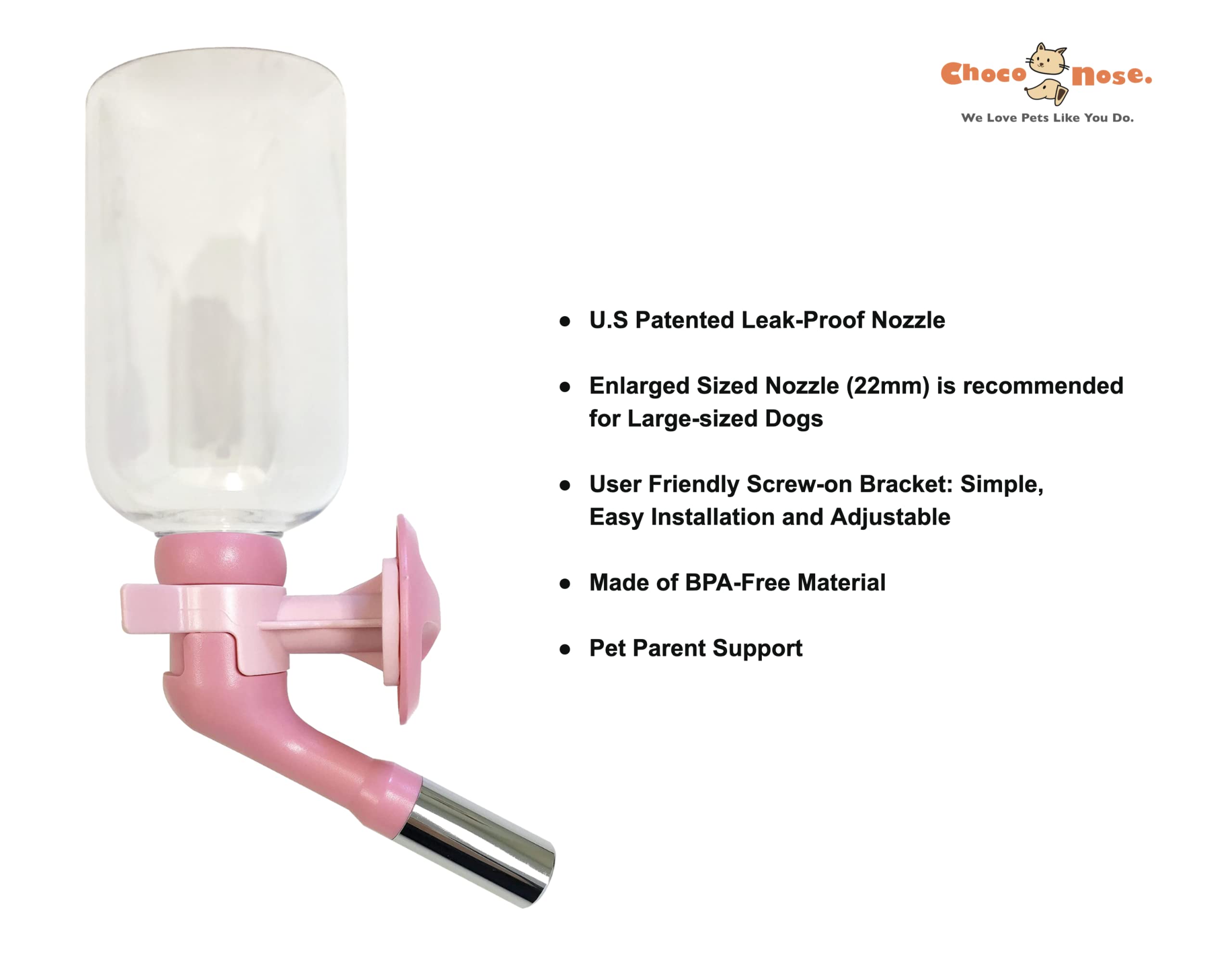 Choco Nose Patented Large No-Drip Water Bottle/Feeder Only For Large Size Dogs Over 50 Lbs - For Wire Cages, Crates Or Kennels. 16 Oz. X-Large Nozzle 22Mm, Pink (H570)