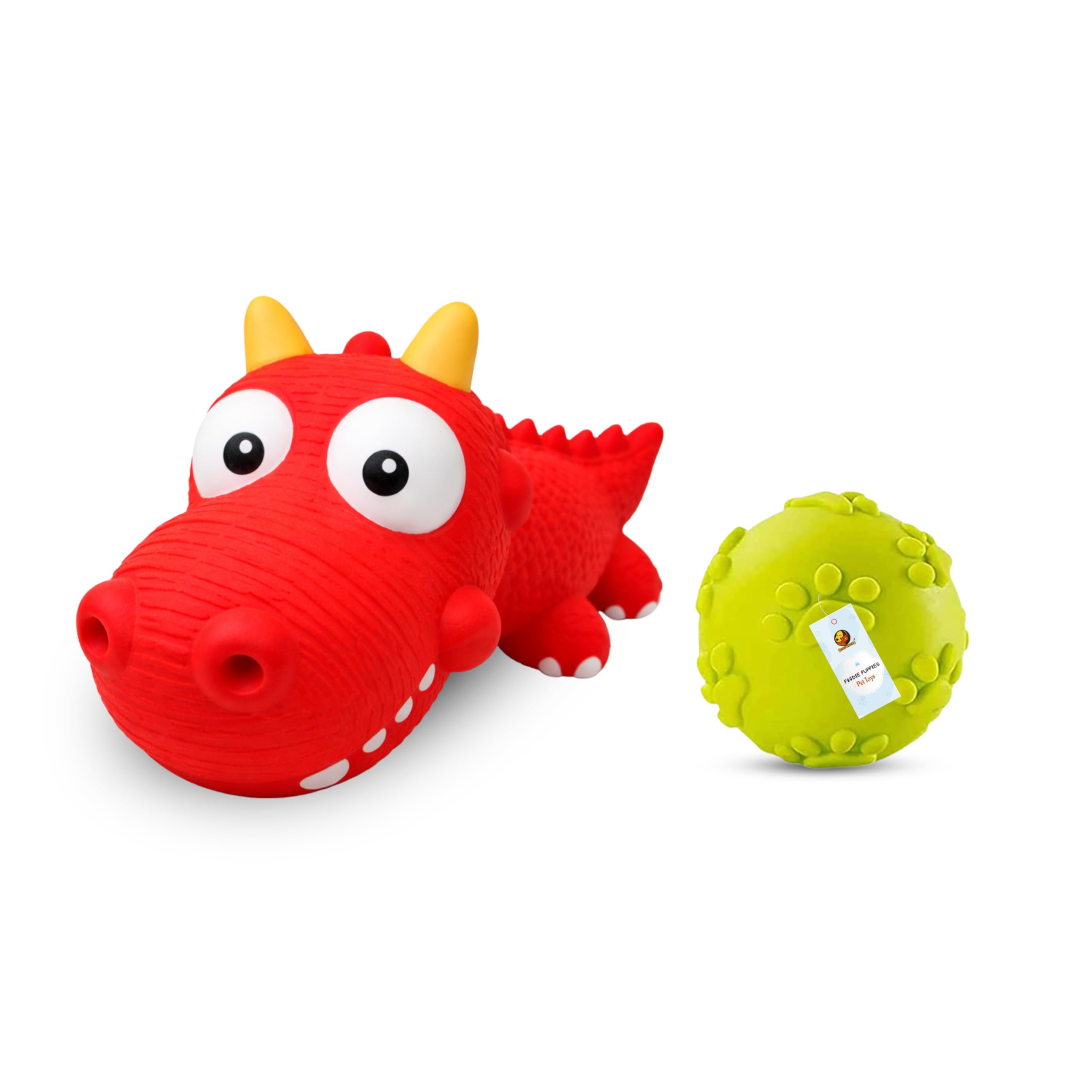 Foodie Puppies Dog Squeaky Chew Latex Toy Combo (Claw Ball + Red Dino) | NonToxic Interactive Durable Teething Play Toy | Soft 