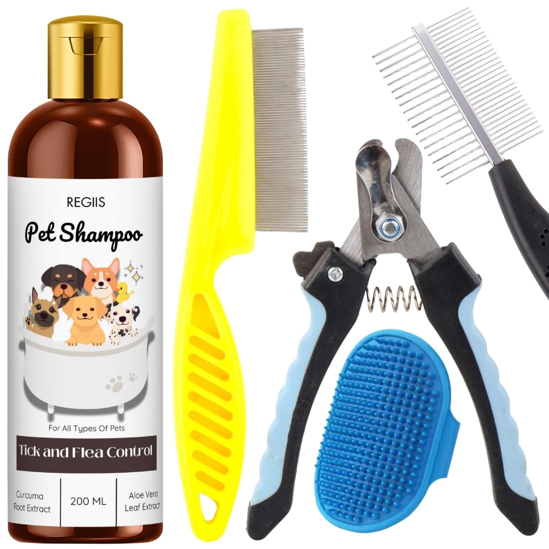 Regis Pet Grooming Kit With Tick And Flea Control Shampoo, Professional Nail Clipper, Metal Comb, Brush For Dogs, 200Ml(Pack Of 