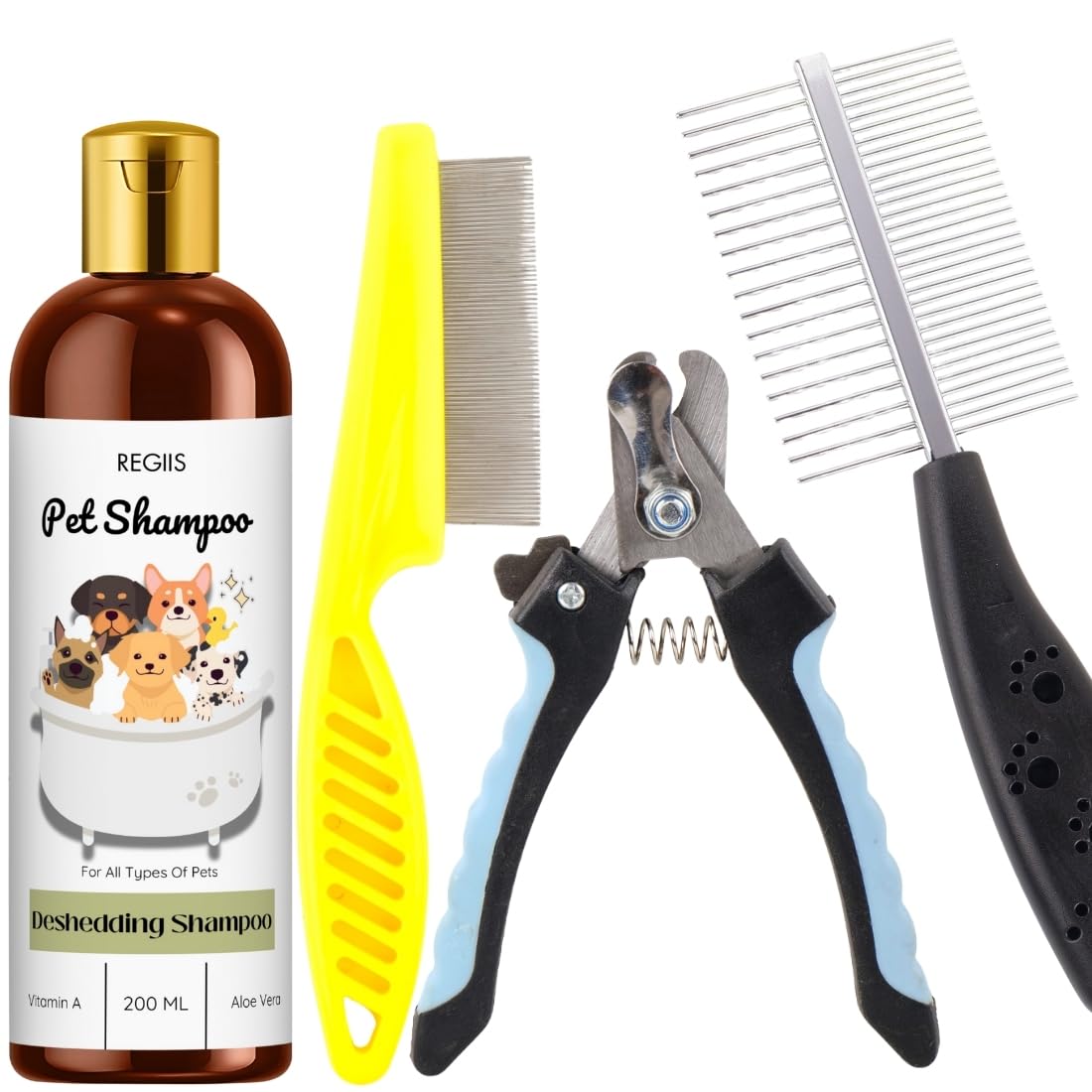 Regiis Pet Grooming Kit With Deshedding Shampoo, Nail Clipper, Metal Comb, Yellow Brush, 4Piece Set For Dogs And Cats, 200Ml(Pa