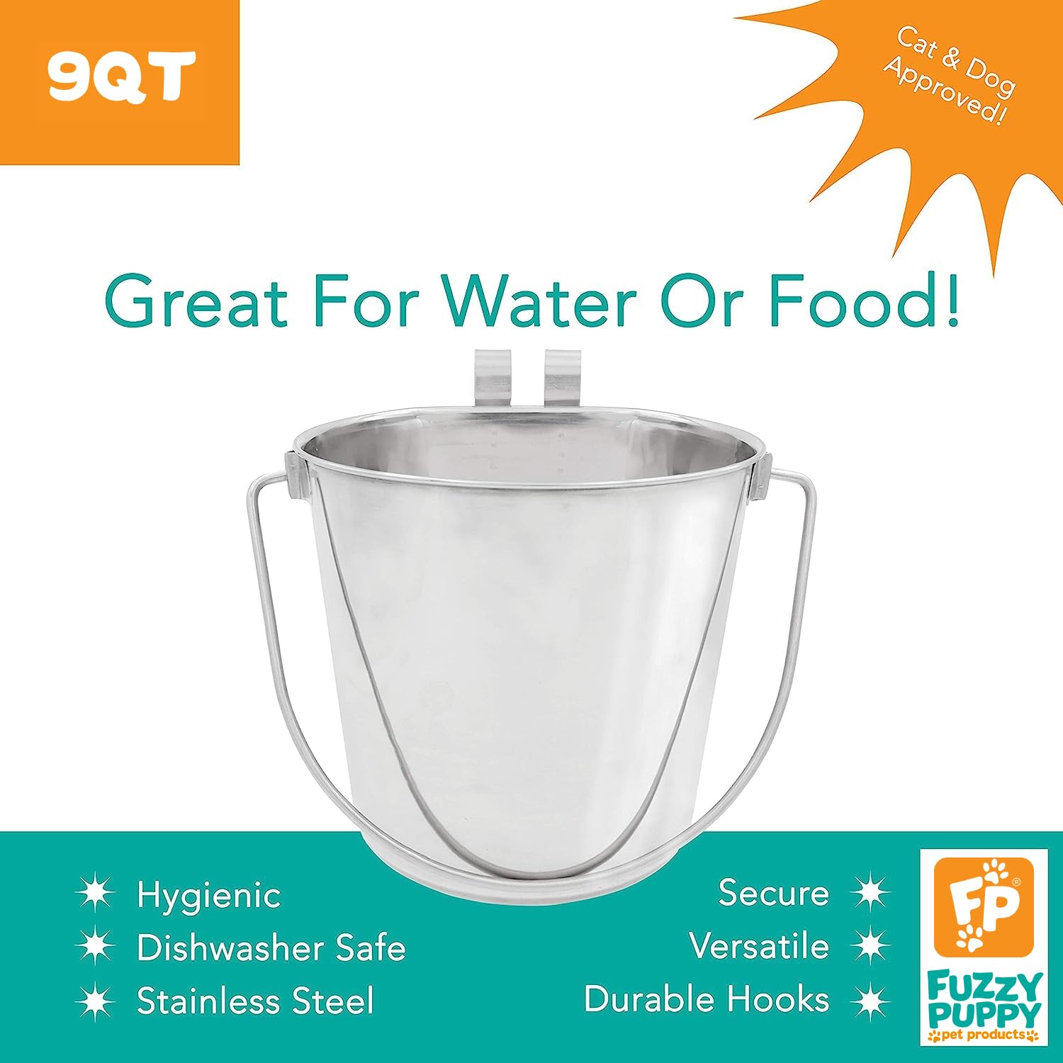 Fuzzy Puppy Pet Products Flat Sided Pail with Dual Hooks, Snugly Fit On Dog, Cat and Critter Crates & Cages, Heavy Duty Stainles