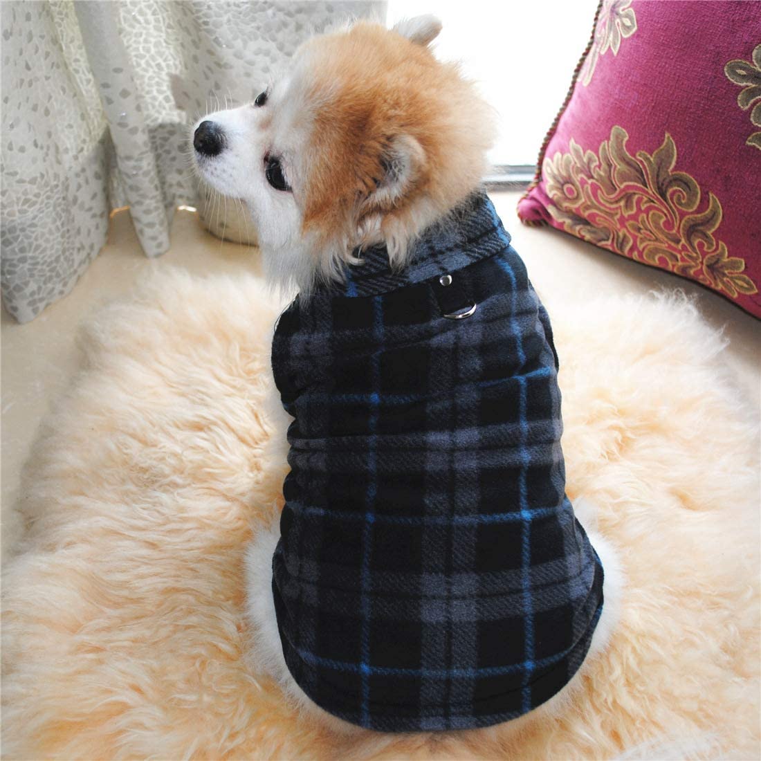 Pixriy Dog Sweater, Soft Fleece Vest With Leash Ring Pullover Jacket Winter Pet Dog Clothes For Puppy Small Dog Cat Teddy Chihuahua Yorkshire For Christmas (Medium, Black Grey Plaid)
