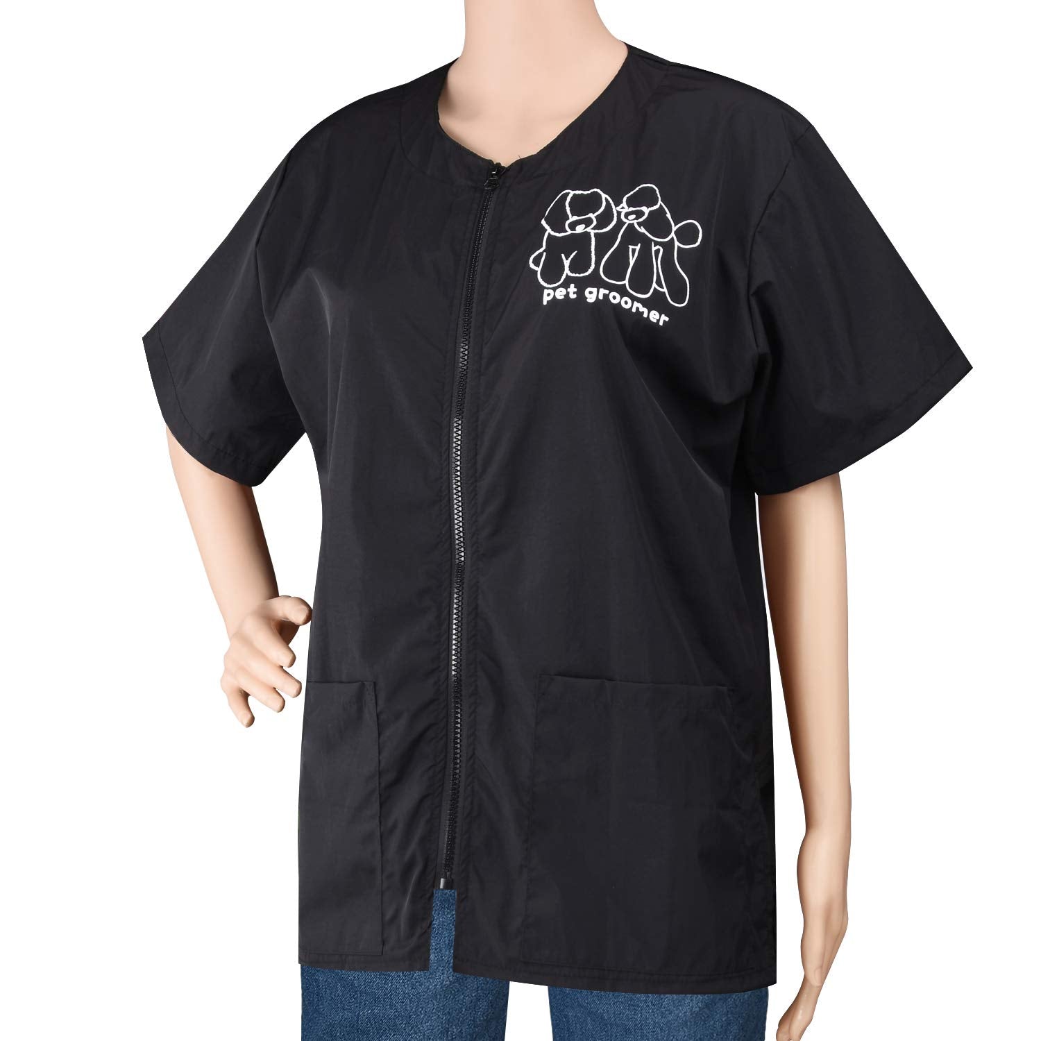Noverlife Short Sleeves Pet Grooming Work Clothes With Full Zipper, 3Xl Size, Splash Proof Anti-Static Pet Beautician Smock, Dog Cat Groomer Cosmetologist Uniforms For Pet Shop Men Women