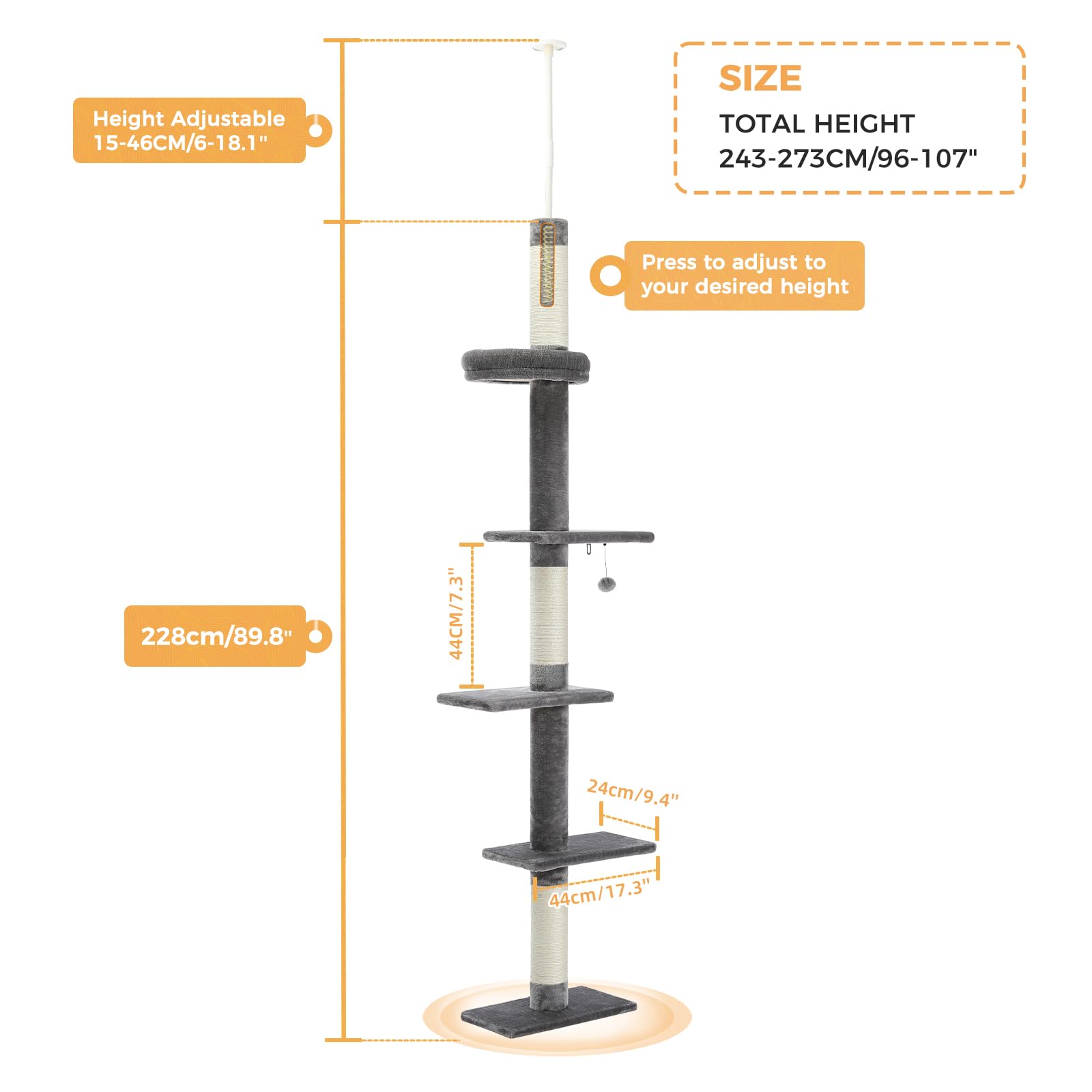 PETEPELA Cat Tower 5-Tier Adjustable Climbing Tree 95-107" Grey Engineered Wood with Scratching Post & Interactive Ball Toy