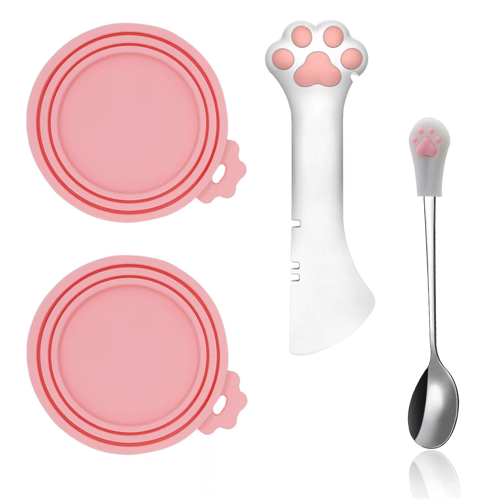 SJANE Cat Food Can Spoons & Can Lids | 4 Pcs | Multi-Function Can Opener | Silicone Pet Food Can Covers | Stainless Steel Wet Fo