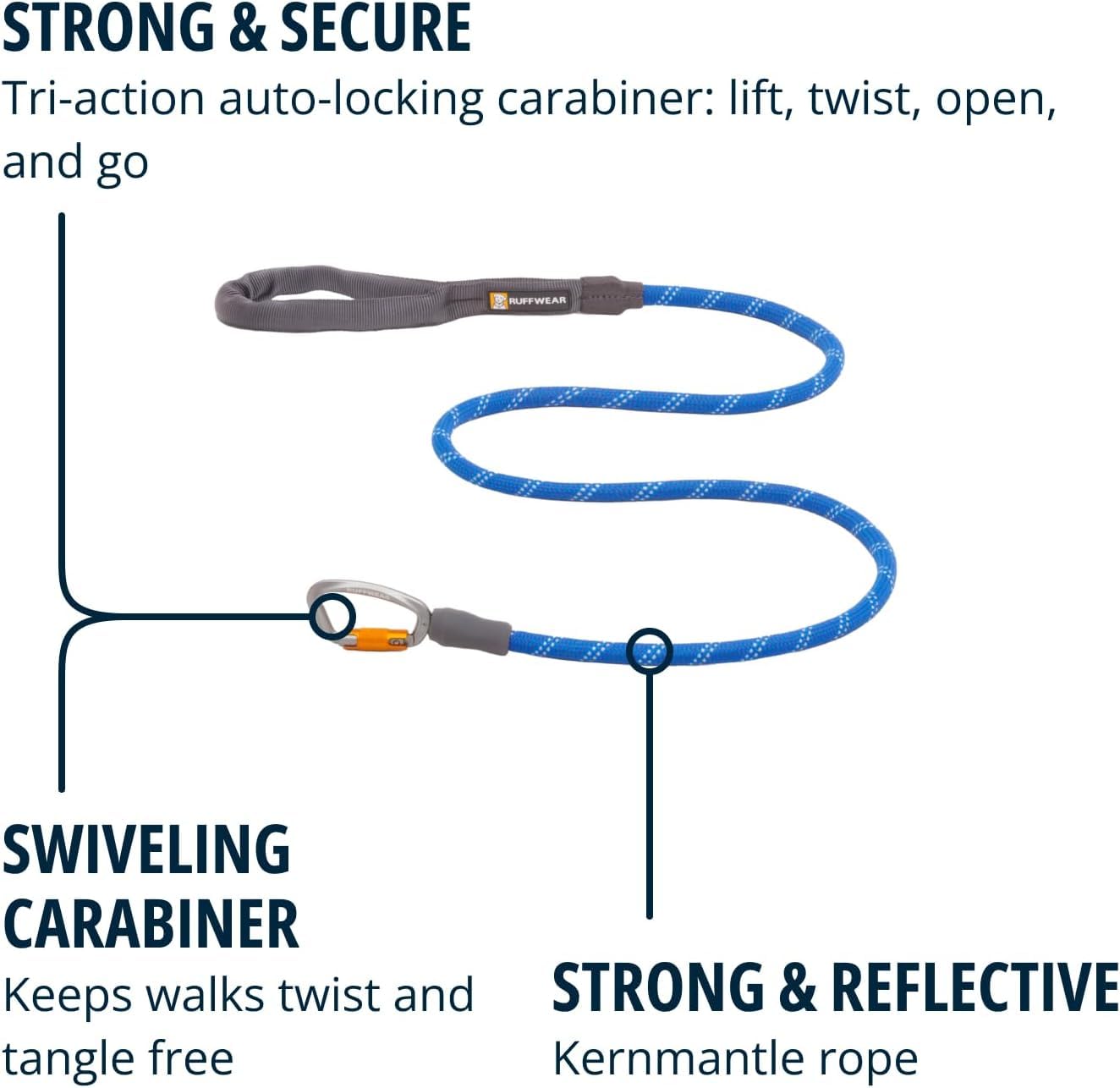 Ruffwear, Knot-A-Leash Dog Leash, Reflective Rope Lead With Carabiner, Blue Pool, Small