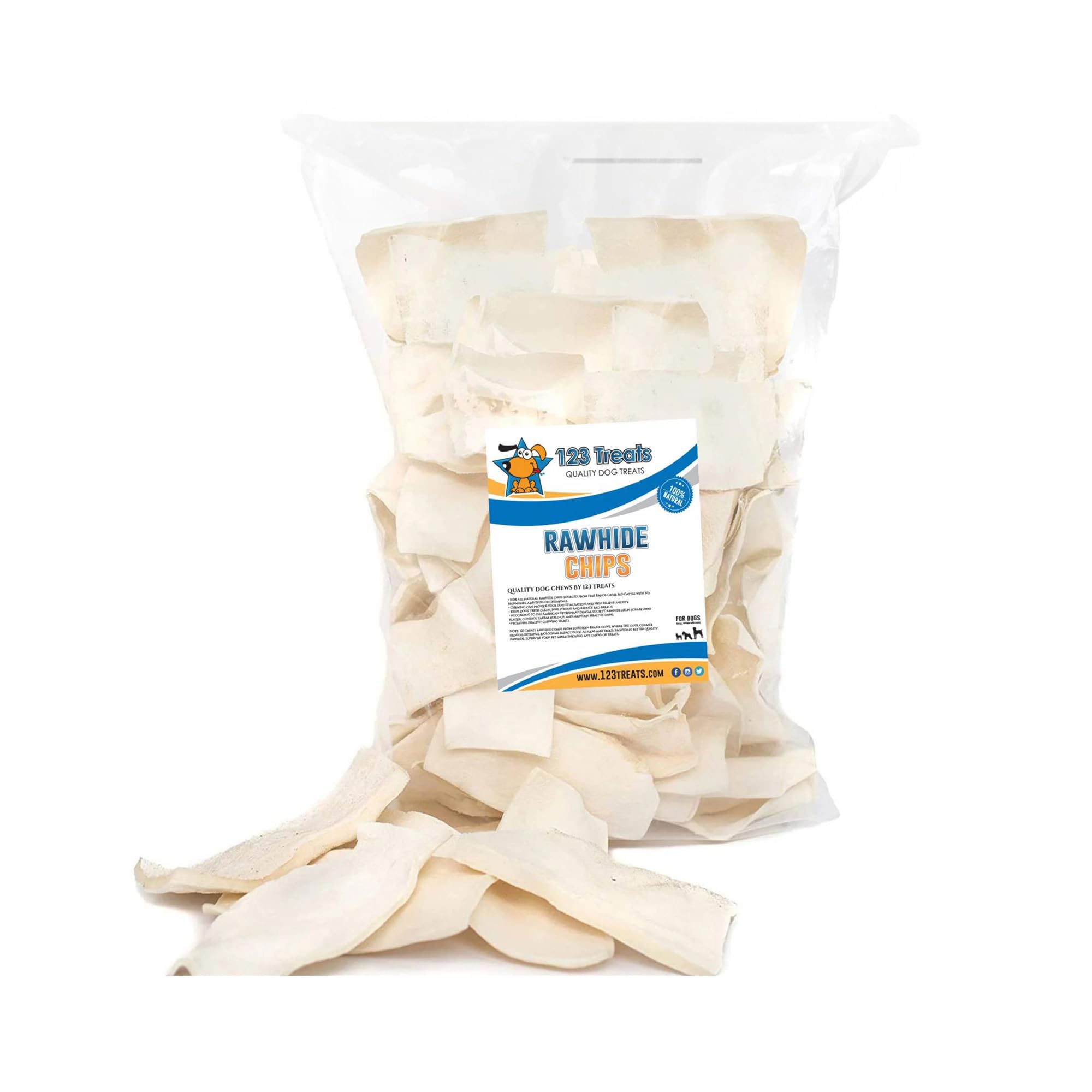 123 Treats Rawhide Chips, Premium Rawhide Dog Chews, Natural Grass Fed Livestock with No Hormones, Additives or Chemicals, Tasty