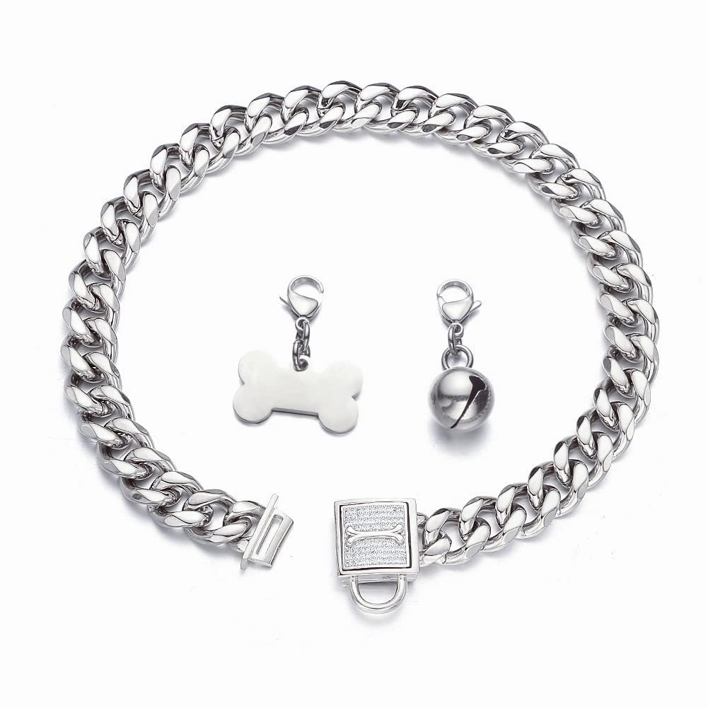 Rumypet Silver Cuban Link Dog Collar Chew Proof Metal Stainless Steel Dog Chain Collar With Cz Lock,Id Tag And Bell 11/15/19Mm For Small Medium Large Dogs(15Mm,16Inch)
