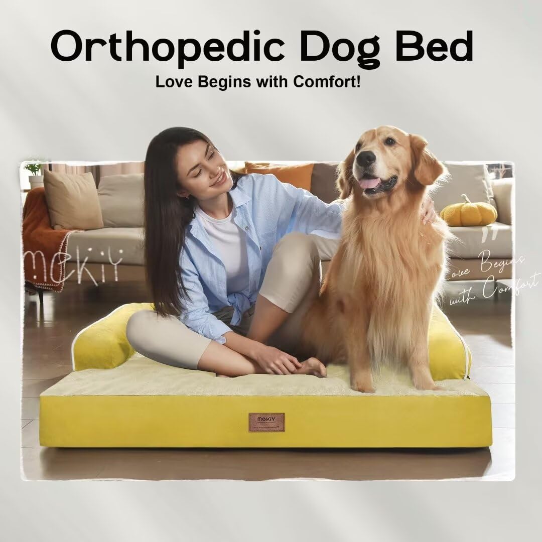 Large Dog Bed Orthopedic Washable - Couch Sofa - Xl Large Big Dogs - Beds Bolster Pet - Memory Foam - Waterproof With Removable Cover - Ginger Yellow Dog Bed