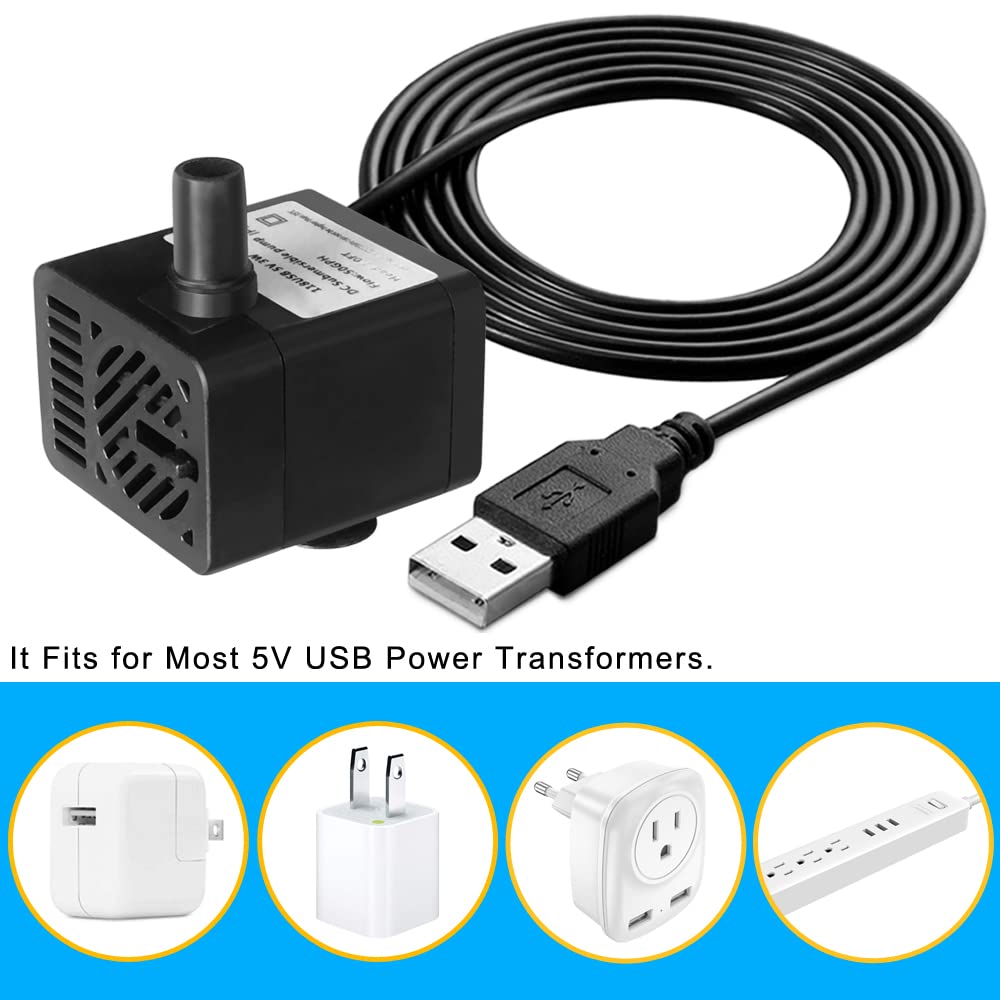PULACO Mini Submersible Water Pump 5V USB, 50GPH for Pet Fountain, Aquarium, Pond, Hydroponics - Black Tubing Included
