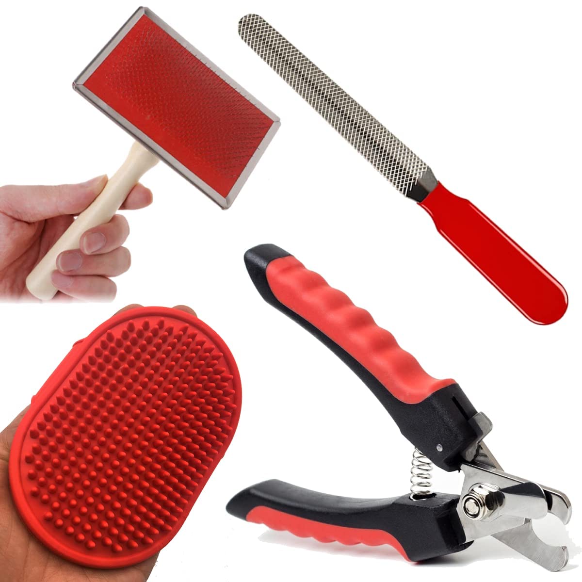 Rvpaws Grooming Combo For Dog, Puppy, Cat And Kitten Nail Clippers And Trimmer, Pet Bath Brush Grooming Comb With Adjustable Rin