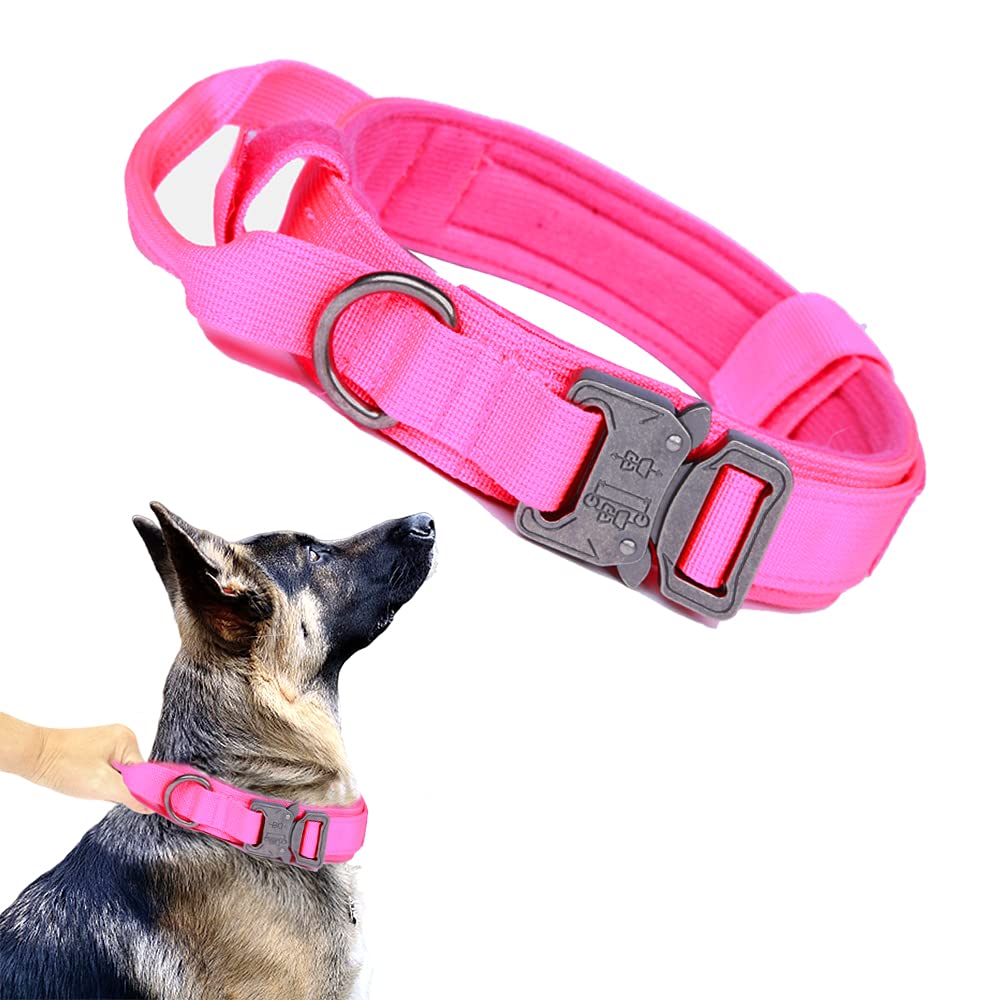 Tactical Dog Collar Military Dog Collar Adjustable Nylon Dog Collar Heavy Duty Metal Buckle With Handle For Dog Training ( Pink ,Xl )