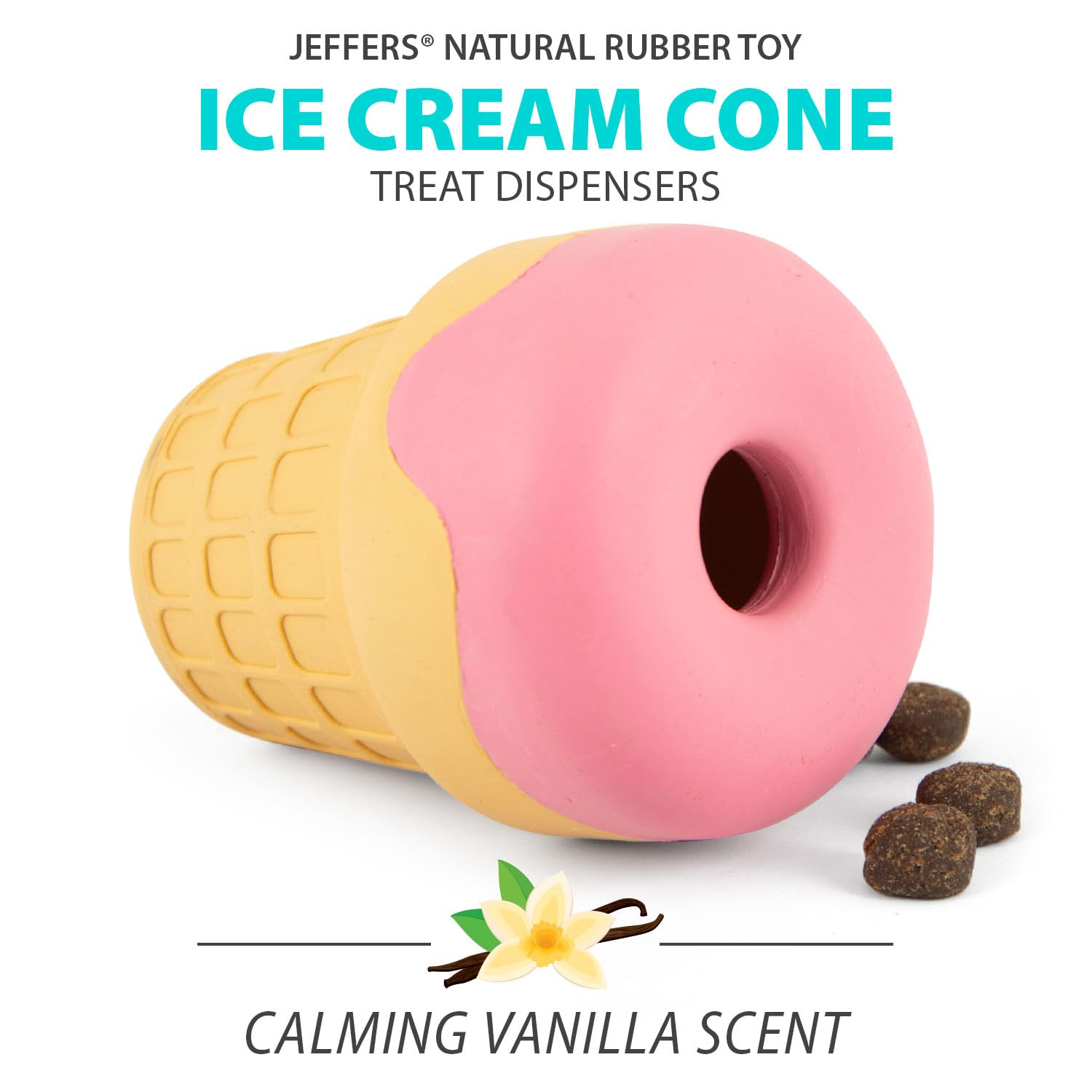 Jeffers Pet Natural Rubber Dog Chew Toy - Ice Cream Cone, Medium - Treat Dispensing, Vanilla Scent, Durable, Non-Toxic, Dishwash
