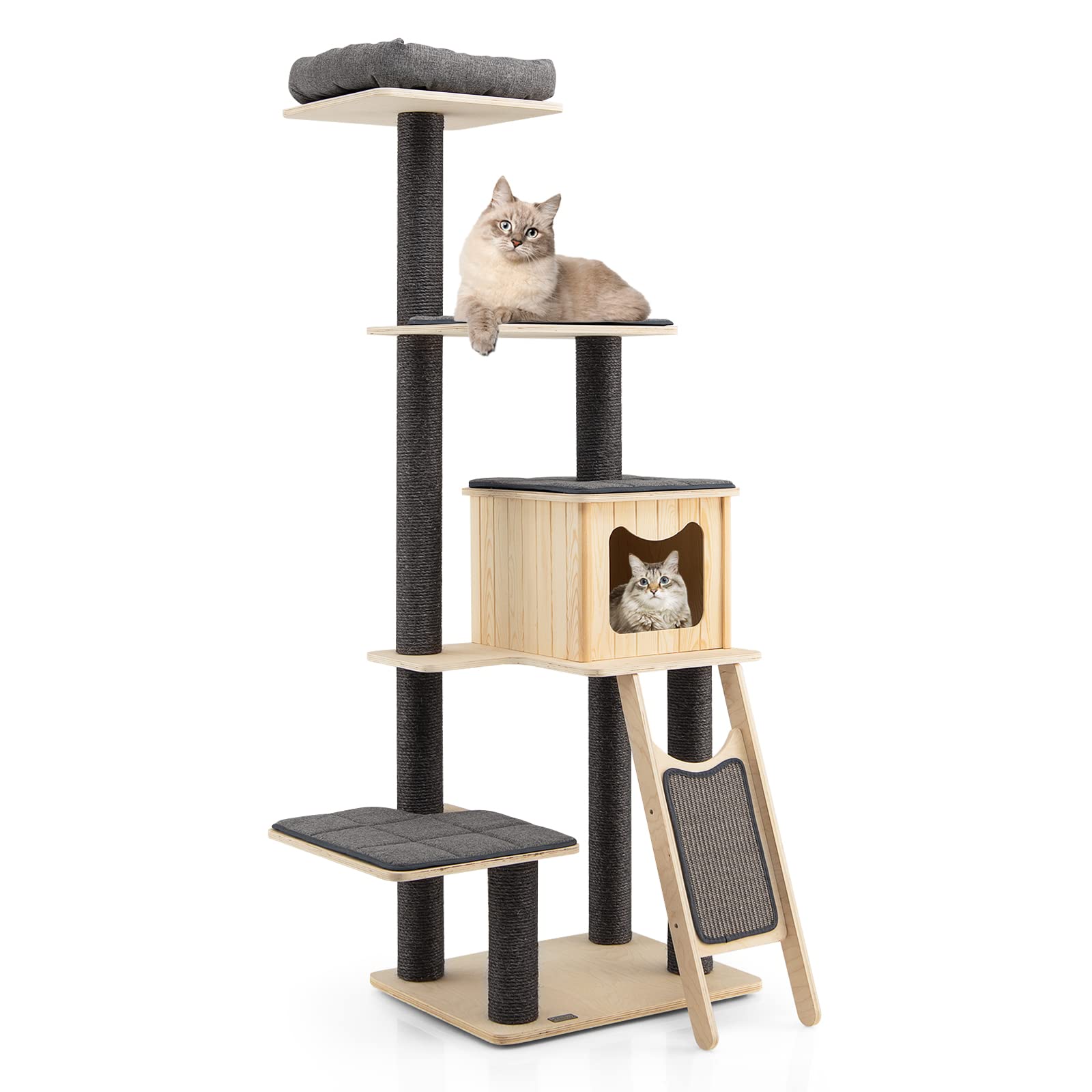 Petsite 69' Tall Wooden Cat Tree Tower, Modern Cat Activity Center Tree With Sisal Posts & Scratch Board, Condo & Top Perch For Kitchen & Large Cat, Grey