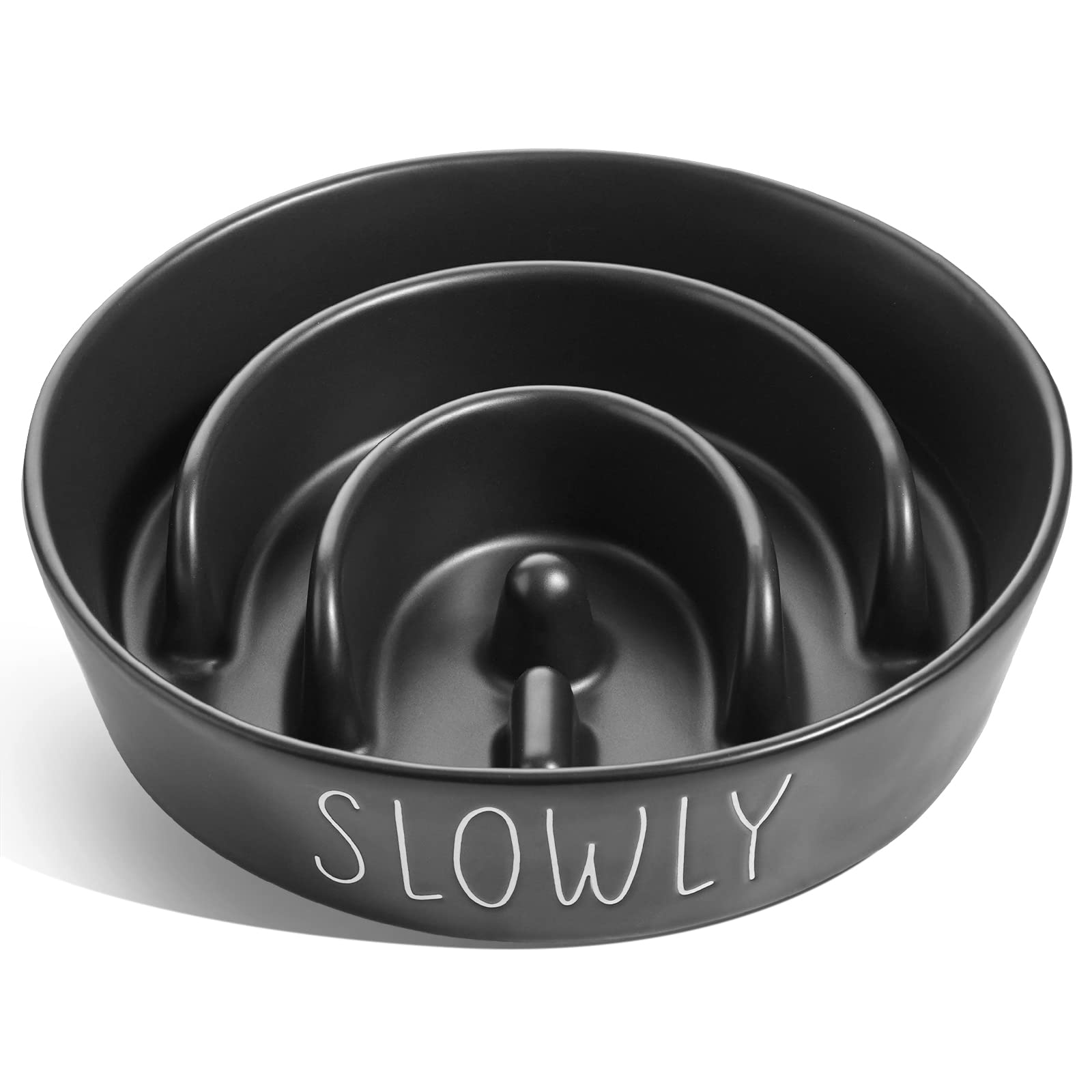 Slow Feeder Dog Bowl - Ceramic 3 Cup Puzzle Maze for Medium & Large Breeds, Puppies & Fast Eaters, Pet Food Dish Black