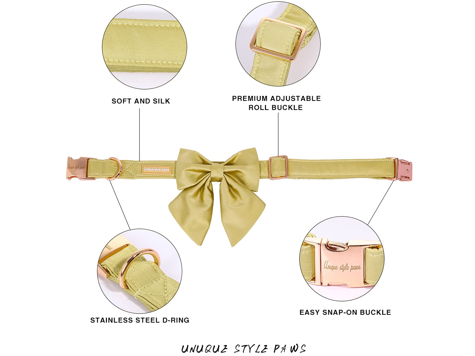 Unique Style Paws Silk Yellow Color Dog Collar Adjustable Durable Dog Collar With Bow Wedding Bow Tie Dog Collar For X-Large Dogs