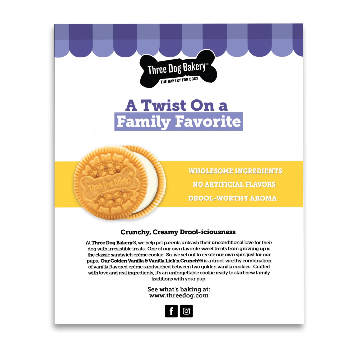 Three Dog Bakery Lickn Crunch! Sandwich Cookies, Golden & Vanilla Flavor, Premium Treats for Dogs, 13 Ounce Box, 6-Pack, (11406