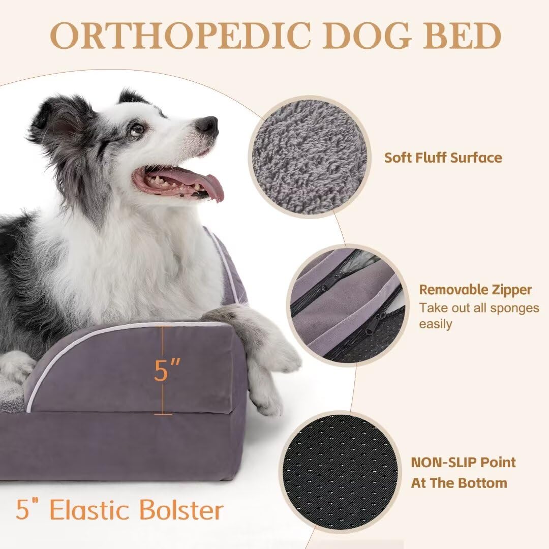 Comfort Expression Jumbo Dog Bed For Extra Large Dogs, Jumbo Breed Waterproof Orthopedic Dog Bed, Pv Washable Dog Sofa Bed With Removable Cover & Non-Slip Bottom(Jumbo,Purple)