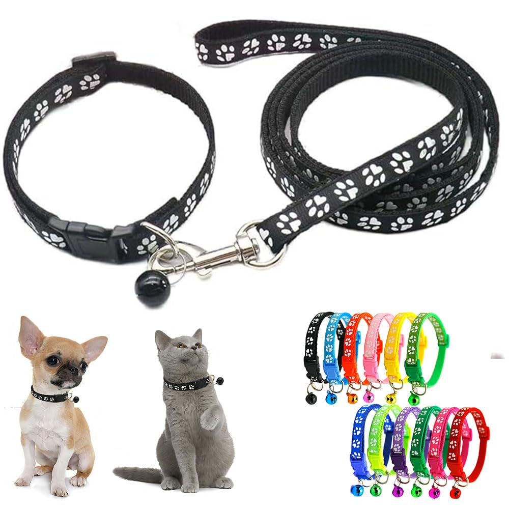 Blue Black Dog Collar With Bell Leash Set, Nylon Basic Reflective Small Dog Collar Boy Paw Print For Xxs Xs S Dog Kitten Pet Ani