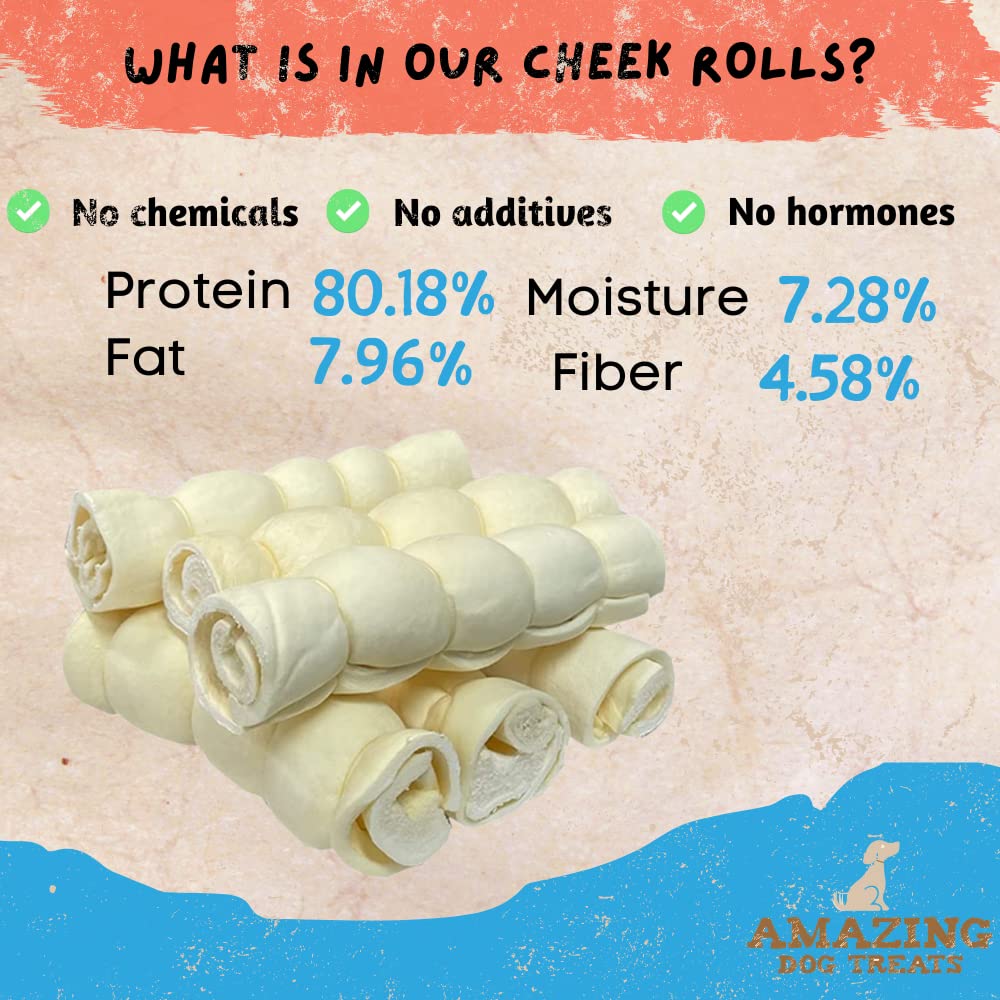 Amazing Dog Treats - Beef Cheek Rolls -(Mega Thick 4 - 6 Pcs) No Hide - Safe Rawhide Alternative Dog Chew - Great for Power Chew