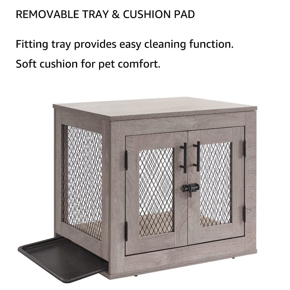 Unipaws Furniture Style Dog Crate With Cushion And Tray, Mesh Dog Kennels With Double Doors, End Table Dog House, Medium And Large Crate Indoor Use (Small, Grey)