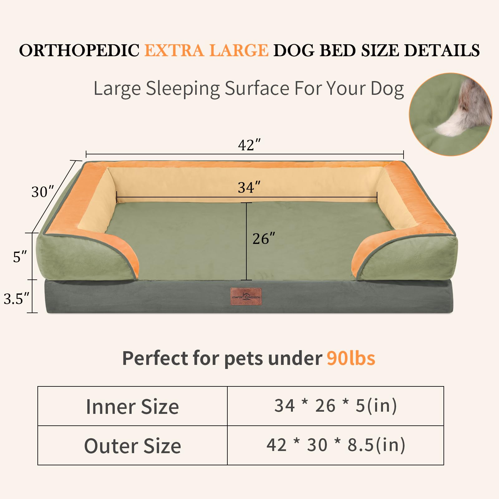 Comfort Expression Orthopedic Dog Bed for Extra Large Dogs 42x30 Inch, Waterproof Egg Crate Foam XL Pet Bed, Gifts for Christmas