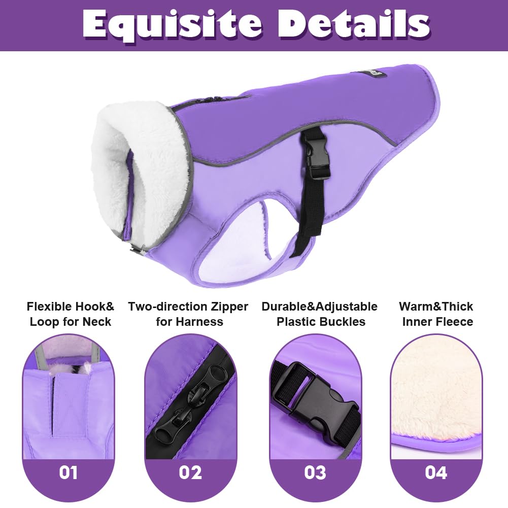 EMUST Dog Coat Winter, Warm Pet Snow Jacket for Winter, Adjustable Small/Medium/Large Dog Coat, New Purple, L