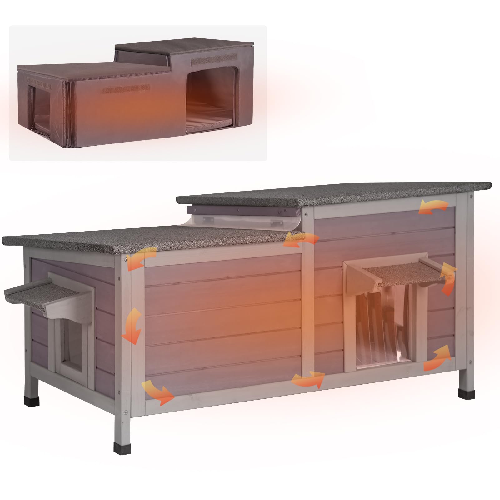 Aivituvin Outdoor Cat House Insulated Feral Cat Shelter Weatherproof For Winter Double Rooms