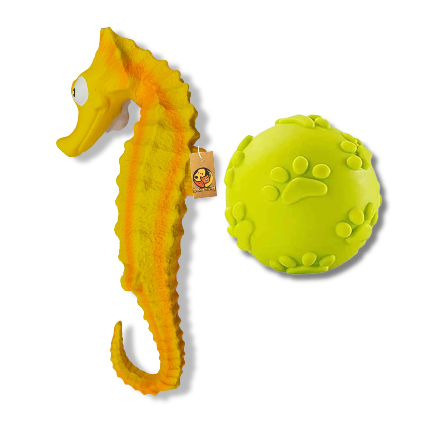 Foodie Puppies Latex Squeaky Chew Dog Toy Combo (Claw Ball + Yellow Sea Horse) | Interactive Durable Fetch Soft & Safe Play Toy 