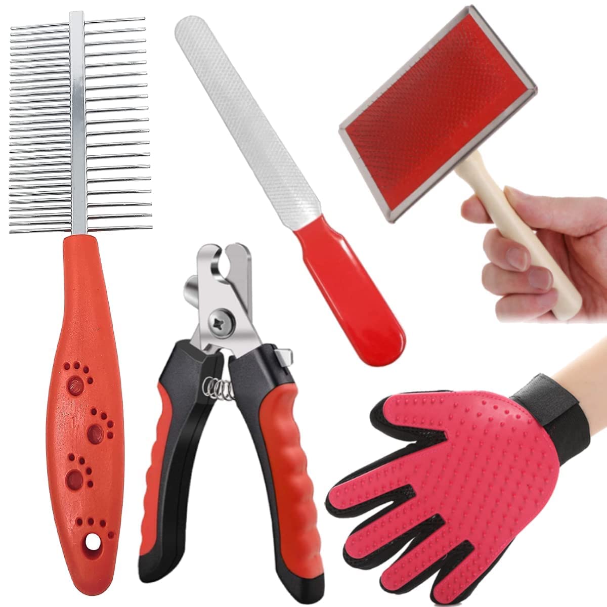 Psk Pet Mart Combo Of 5 Dog Grooming Kit For Puppies & Dogs & Cats Pet Wood Handle Slicker Brush, Dog Nail Clippers With Filer, 