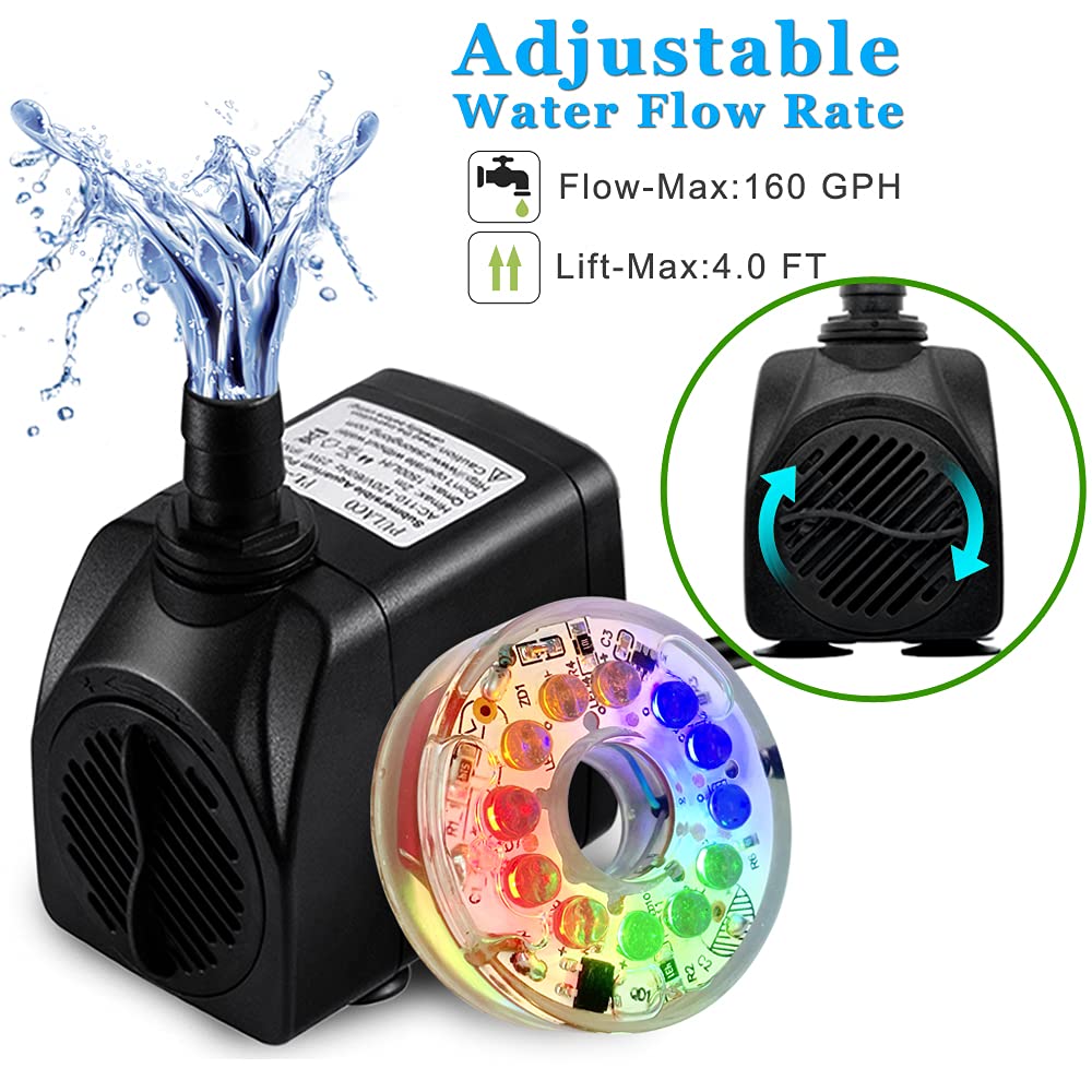 Pulaco 10Watt 160Gph Submersible Fountain Pump Wiht Led Light For Water Feature, Outdoor Pond, Aquarium Fish Tanks, Home D?Cor F