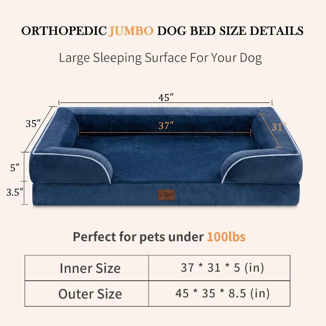 Comfort Expression Pv Washable Jumbo Dog Bed For Extra Large Dogs, Waterproof Orthopedic Dog Bed, Jumbo Breed Dog Bed Sofa With Removable Cover & Non-Slip Bottom(Jumbo,Navy Blue)