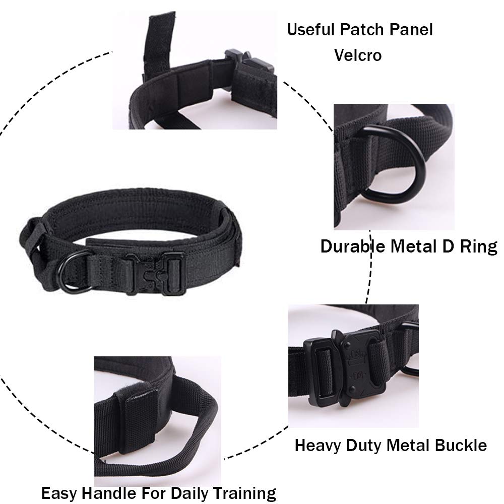 Tactical Dog Collar Military Dog Collar Adjustable Nylon Dog Collar Heavy Duty Metal Buckle With Handle For Dog Training ( Black