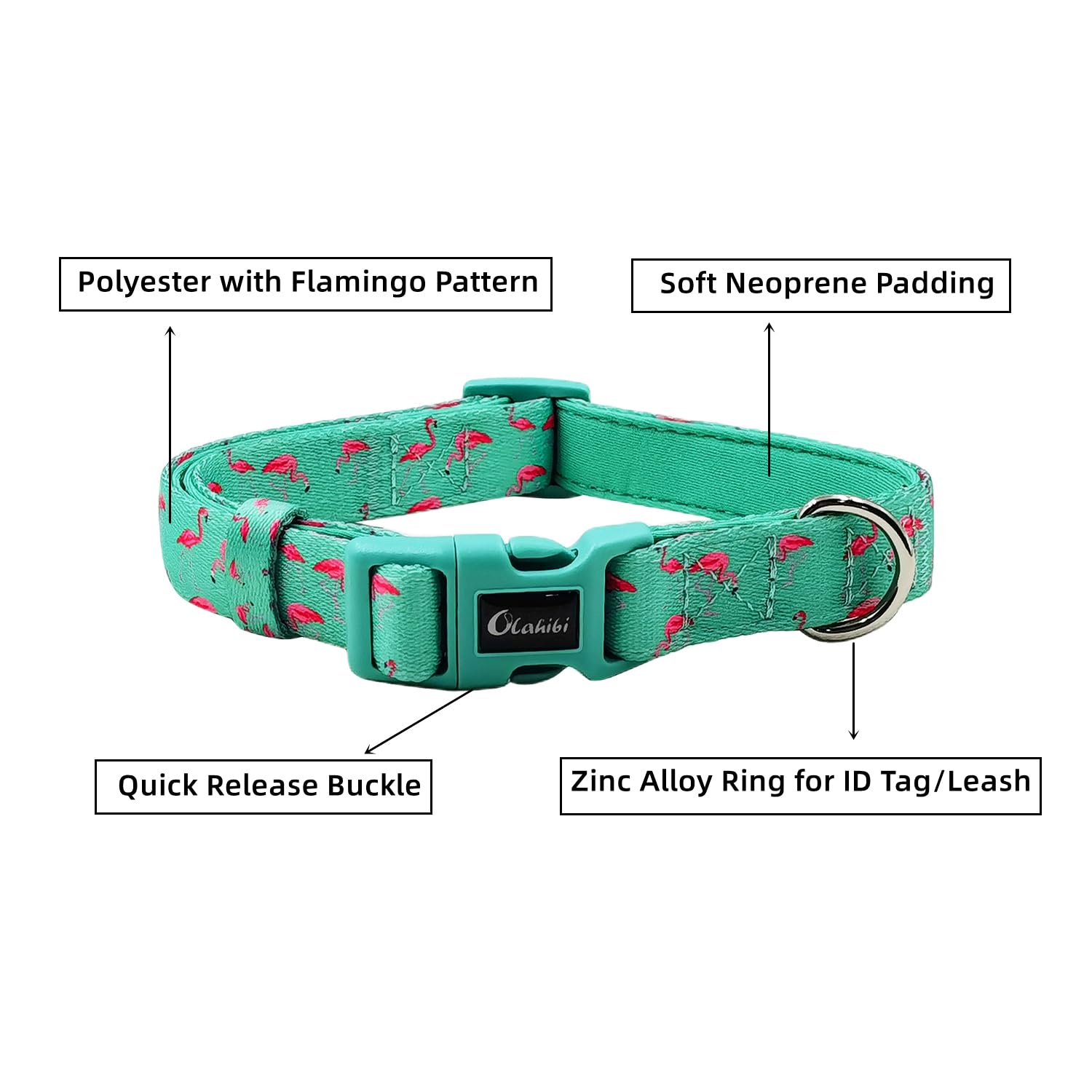 Olahibi Neoprene Padded Dog Collar, Soft And Comfortable, Flamingo Pattern, For Medium Dogs.(Medium, Green Flamingo)