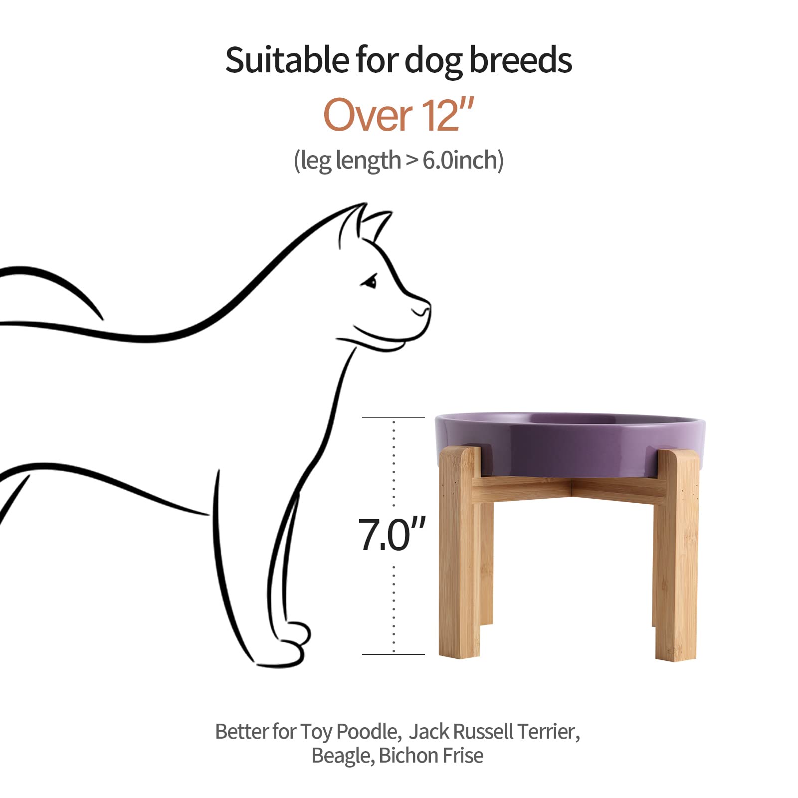 Addogyy Ceramic Elevated Dog Bowl with Wood Stand, Purple, 8.66 in Slow Feeder for Small to Large Dogs
