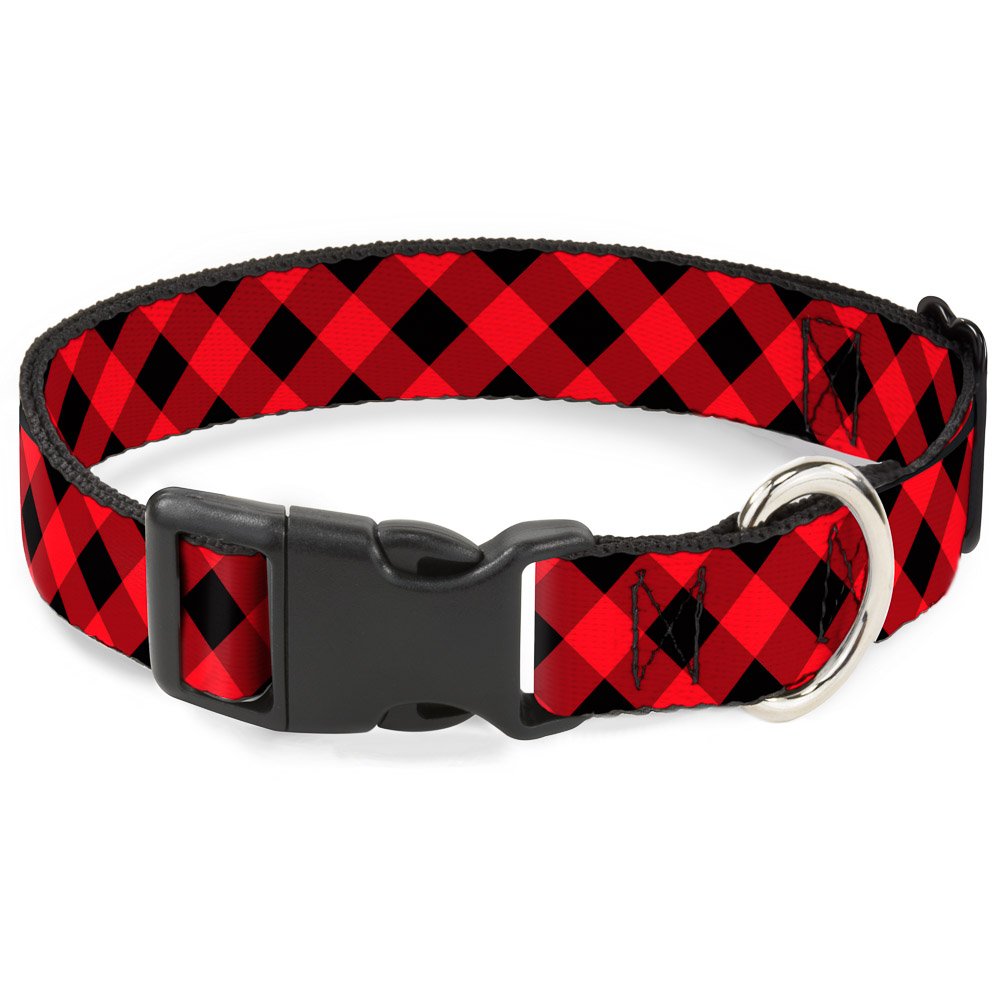 Buckle-Down Plastic Clip Collar - Diagonal Buffalo Plaid Black/Red - 1' Wide - Fits 15-26' Neck - Large