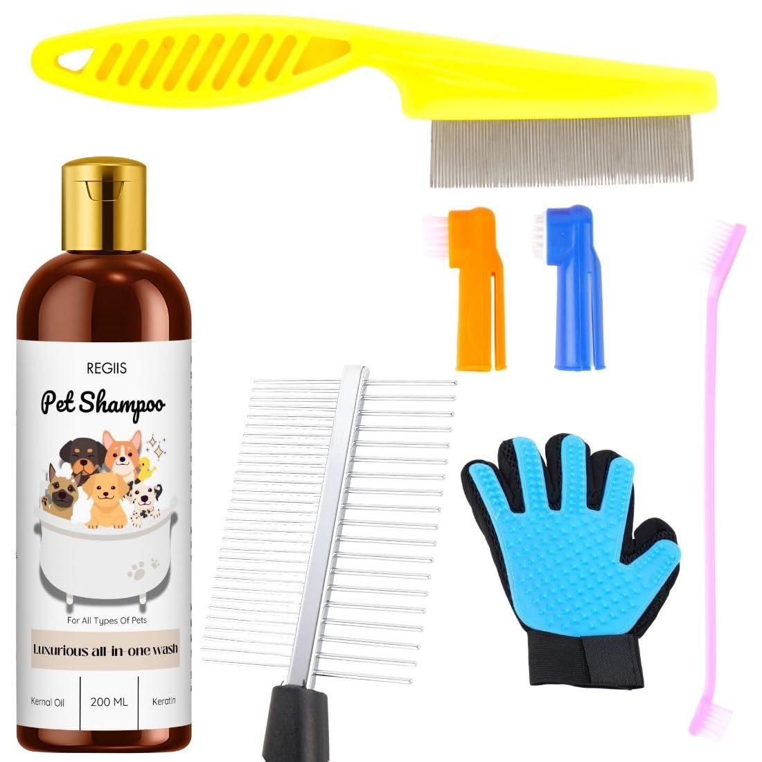 Pet Grooming Kit With Shampoo, Combs, Deshedding Glove And Cleaning Tools, 200Ml(Pack Of 5)