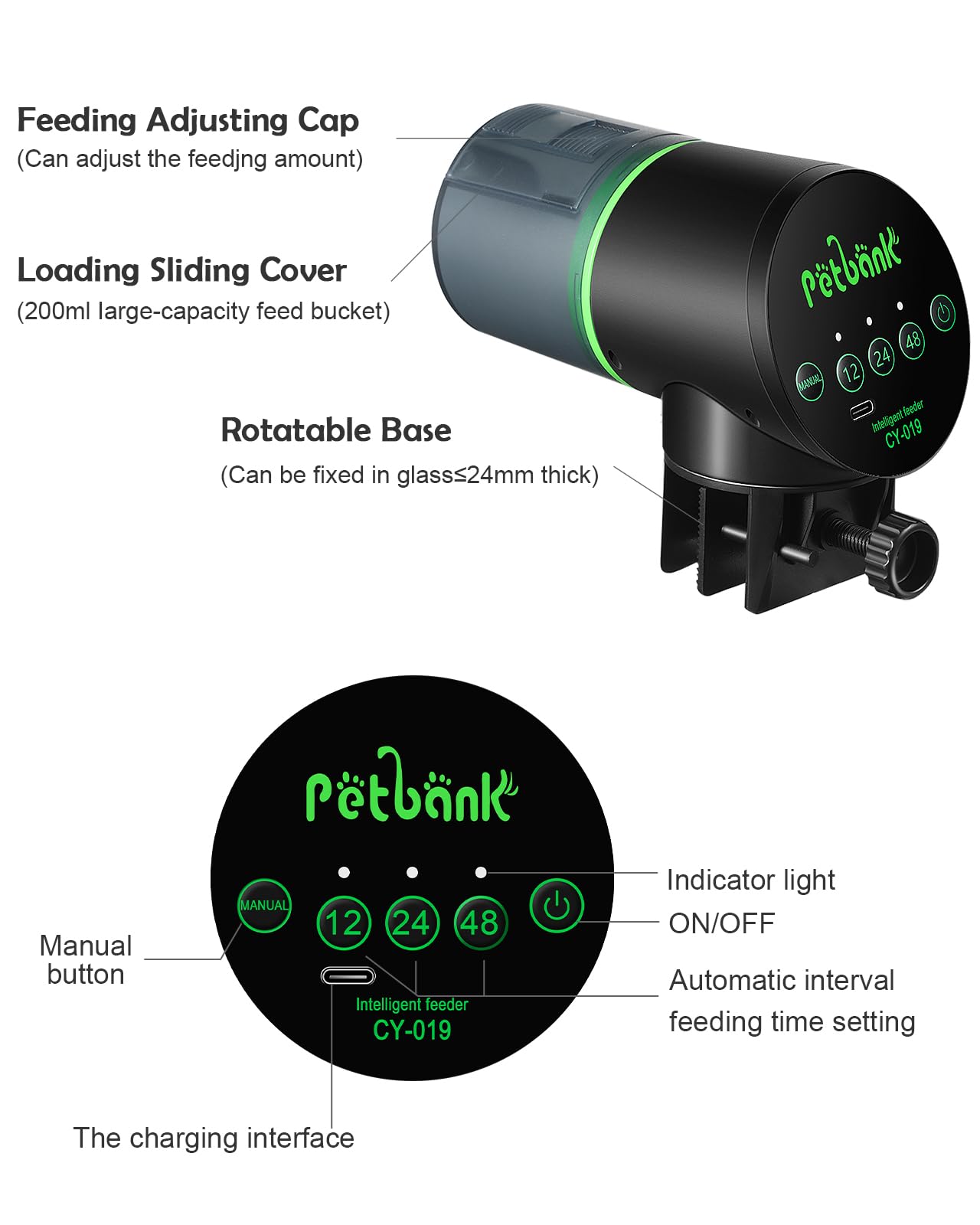 Petbank Automatic Fish Feeder - Rechargeable Fish Food Dispenser for Small & Large Tanks, USB Charger, 12/24/48H Timer, Black, Model CY-009