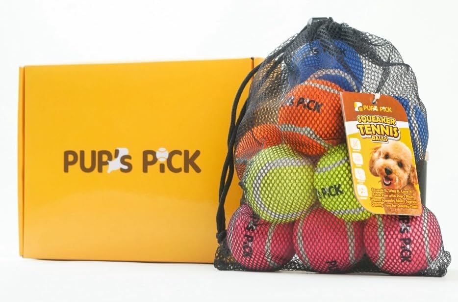 Pup'S Pick Squeaky Tennis Balls - 2.5 Fun Dog Balls For Fetch, 12-Pack In Bright Colors (Yellow, Blue, Pink, Orange), Includes